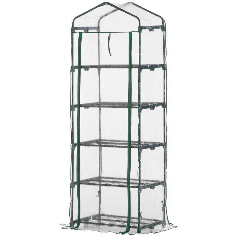 Mini szklarnia 5-poziomowa 69x49x193 cm, zielona, wzmocniona osłona z tworzywa, drzwi rolowane i półki – przenośna.