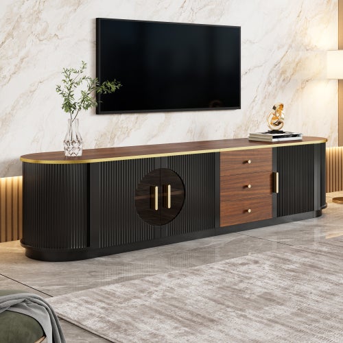 Luksusowa szafka pod telewizor 180x40x46cm - 3 drzwi i 3 szuflady - Brązowe szkło - Zaokrąglone narożniki - Płyta MDF - Czarny