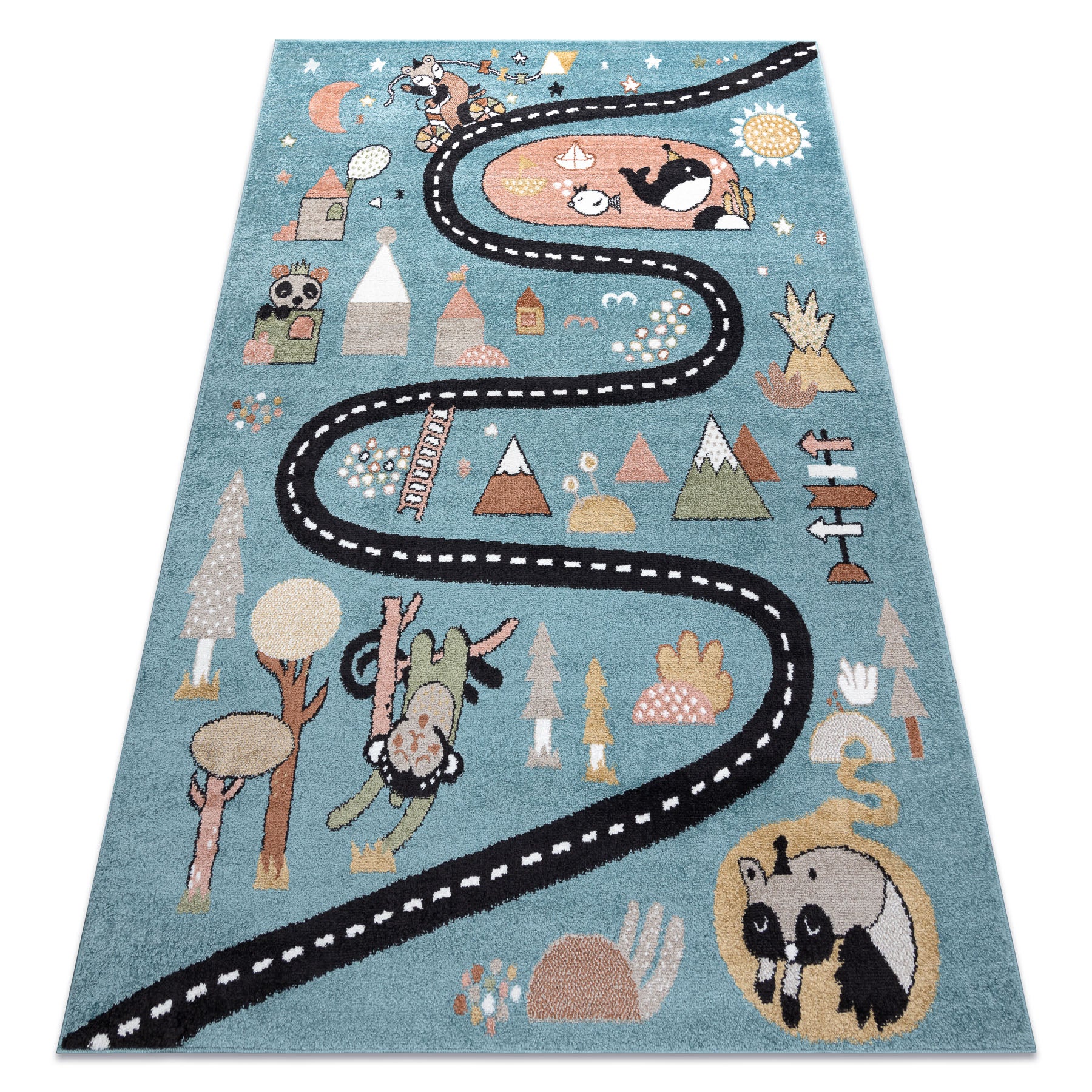Dywan FUN Route dla dzieci, ulica, zwierzęta niebieski 140x190 cm