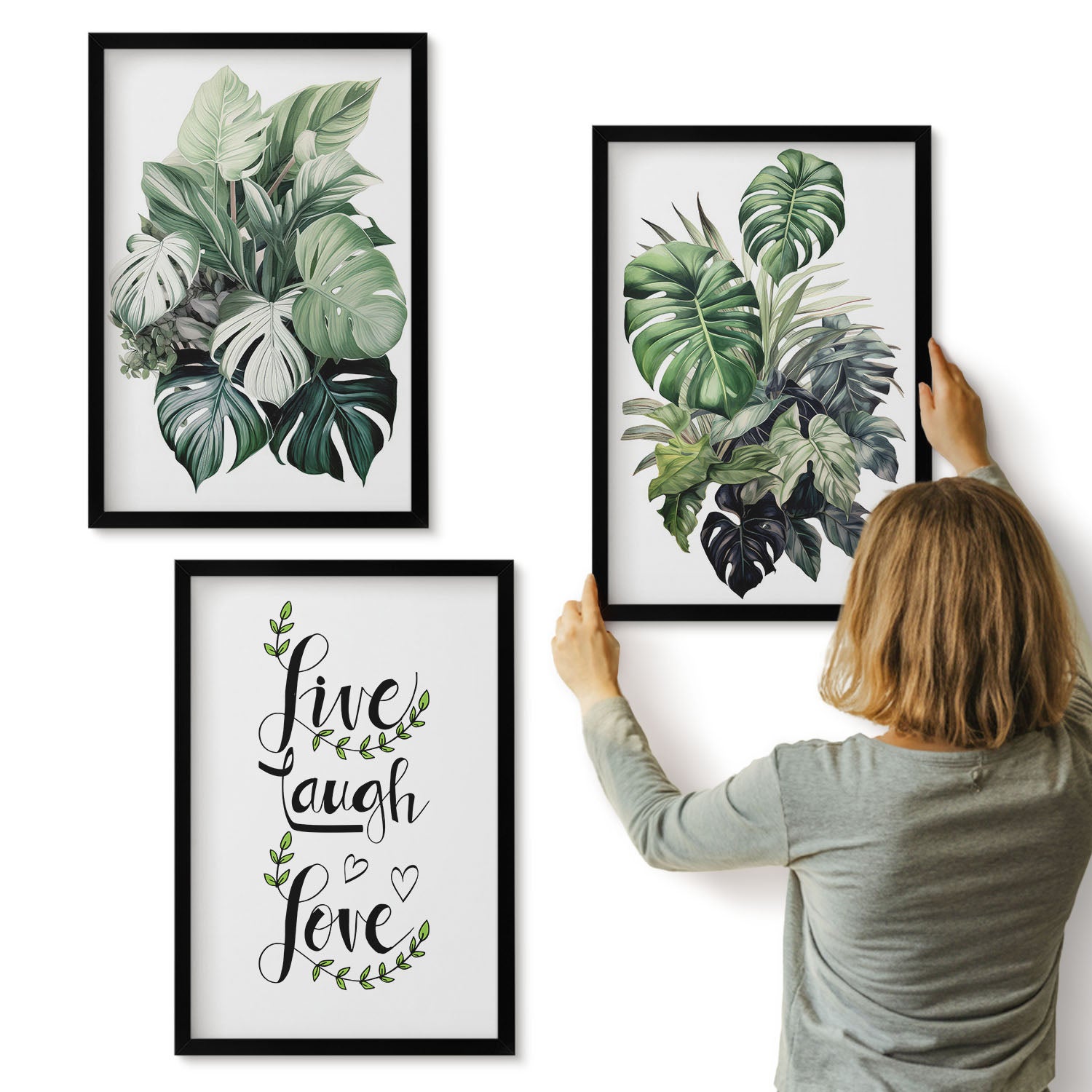 Galeria ścienna 3-częściowy komplet obrazów w czarnych ramach - Rośliny liściaste z napisem żyj śmiej się kochaj - ArtPrintCave