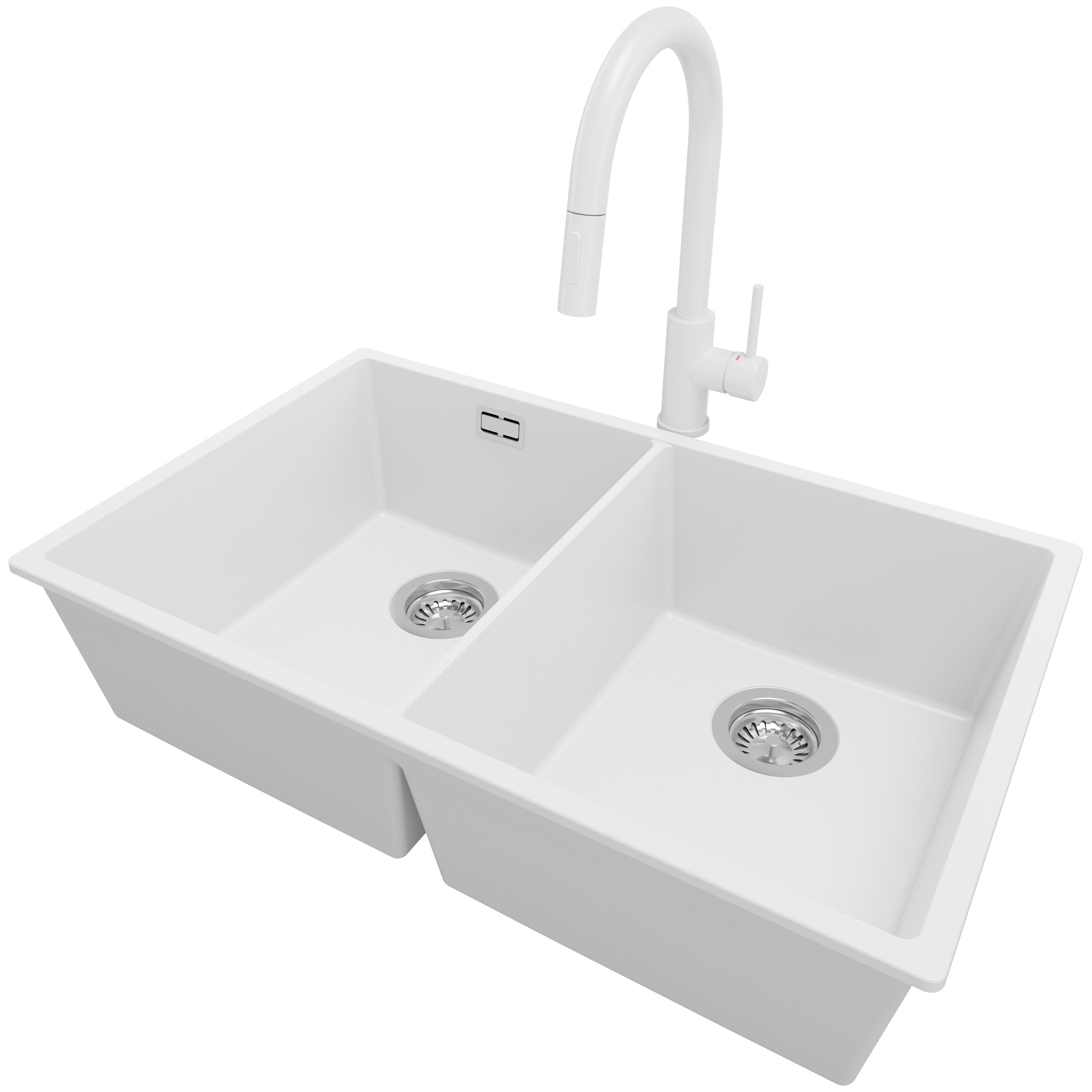 Zlewozmywak Granitowy Biały 76x47cm, Zlew Kuchenny 2 Komorowy + Bateria 40x20cm + Syfon, Nablatowy do szafki od 80cm - Londyn Slim Twin PRIMAGRAN