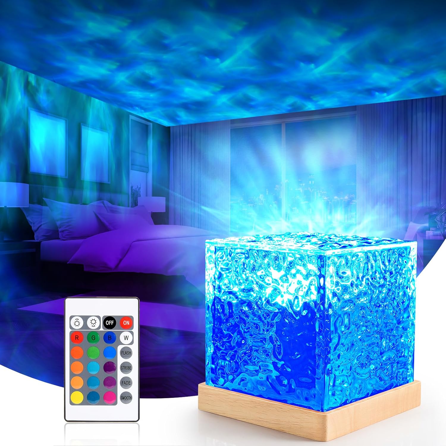 Lampa stołowa LED RGB z kryształu (16 kolorów): nocna fala wodna, projektor 3D, ładowanie USB, do pokoju/salonu/na przyjęcie
