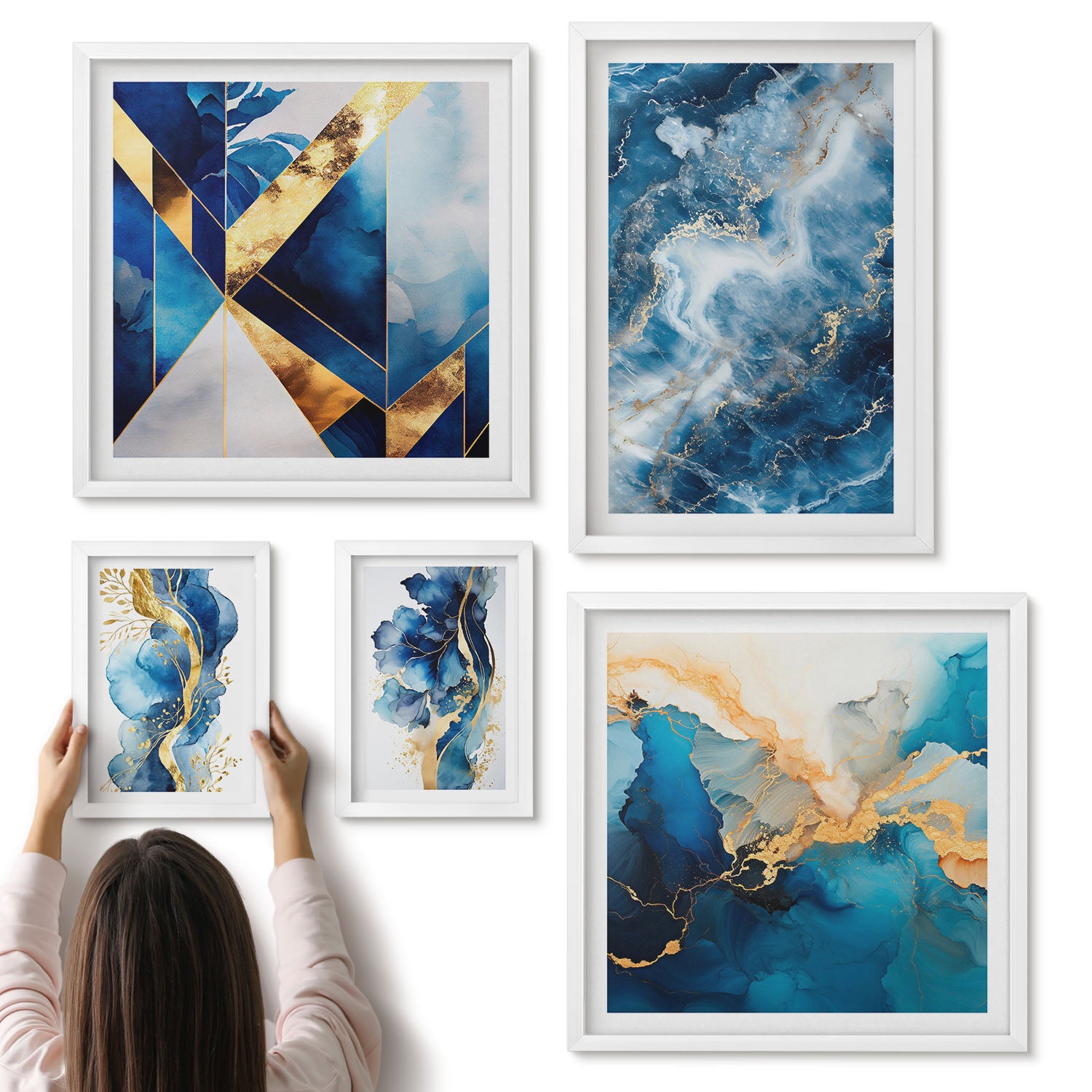 Galeria ścienna 5-częściowy komplet obrazów w białych ramach - Abstrakcyjne kompozycje w odcieniach niebieskiego - ArtPrintCave