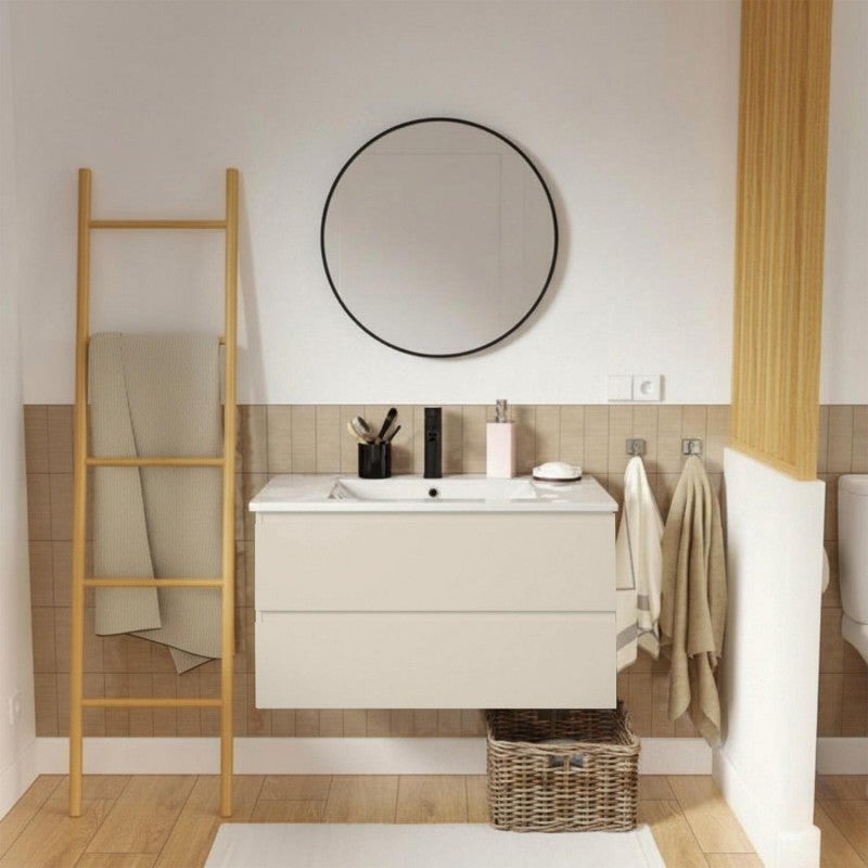 Pojedyncza szafka pod umywalkę 80 cm, wykończenie dębowe, z baterią i lustrem SORRENTO