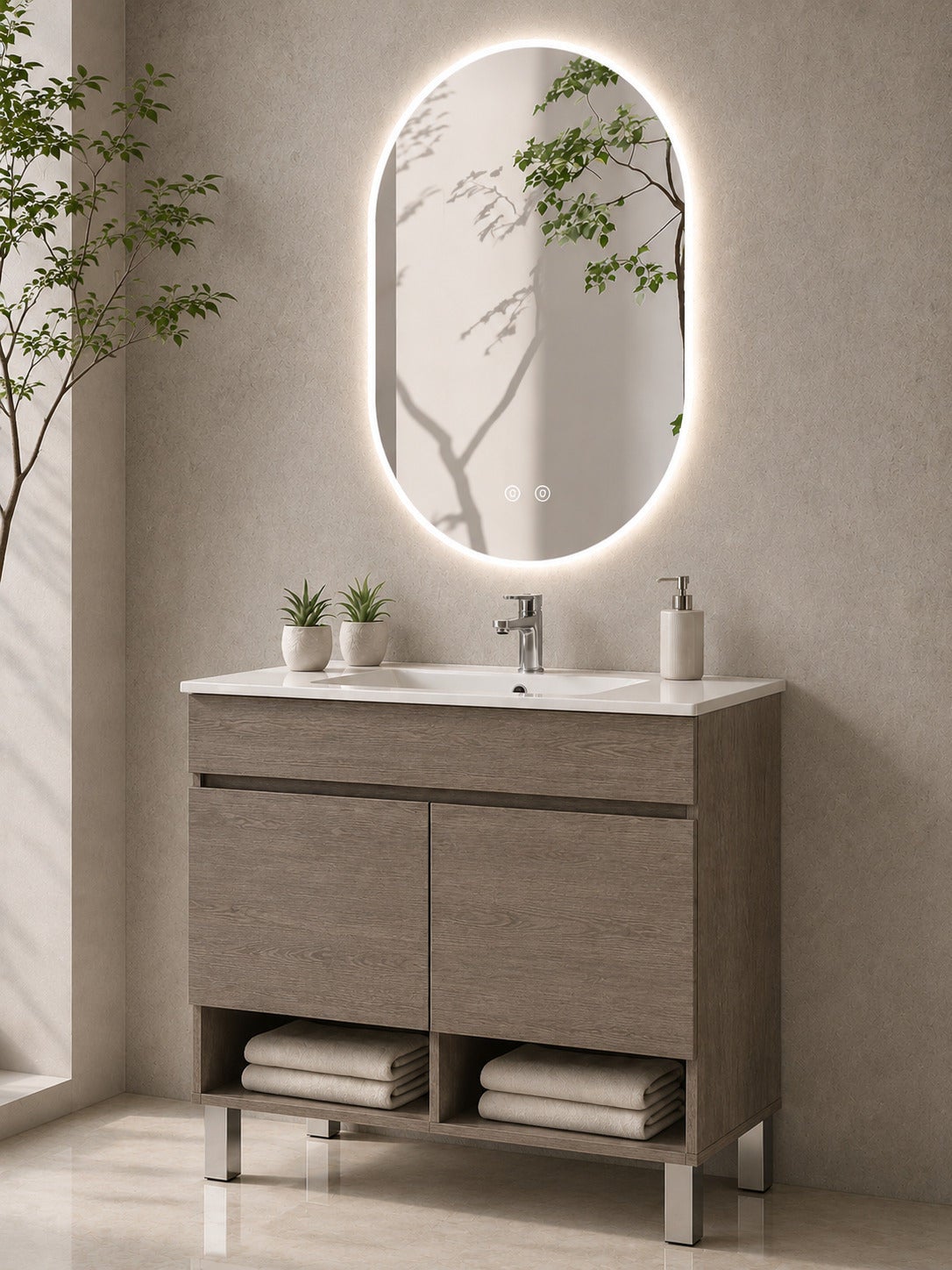 Szafka łazienkowa na nóżkach z umywalką ORIGENBATH NEBARI na nóżkach z drzwiami 120x45 cm 1 umywalka dąb smoky