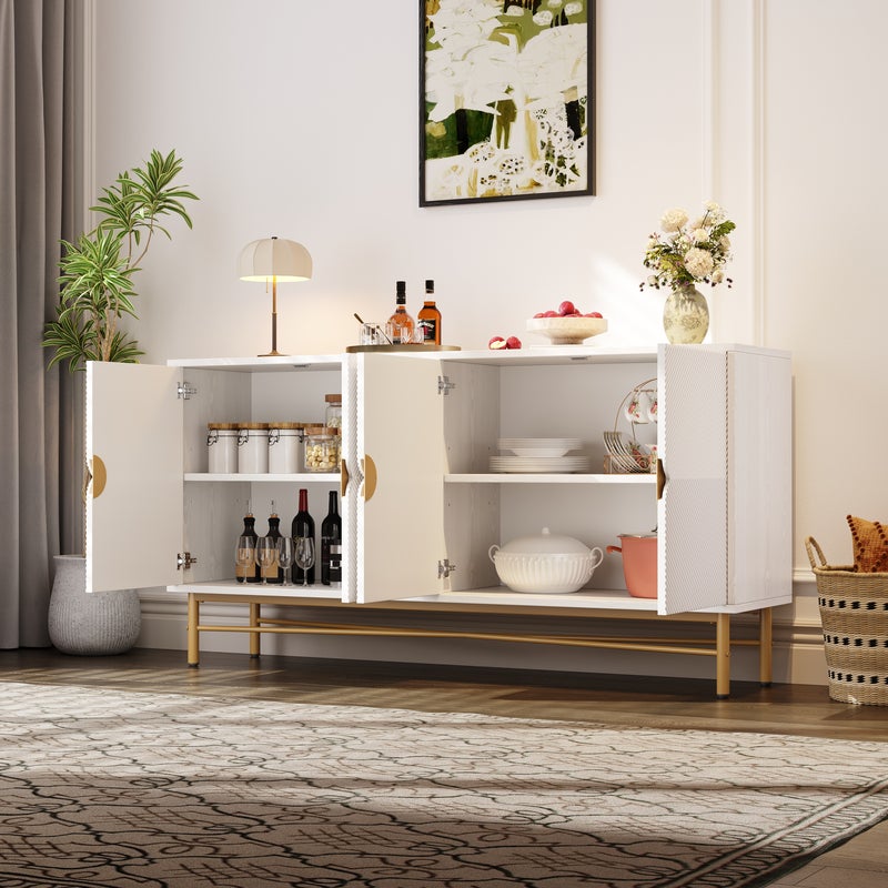 Komoda niska z 4 drzwiami - 160 x 40 x 82 cm - Płyta wiórowa + MDF + metalowe uchwyty i nogi w kolorze złotym - Biała