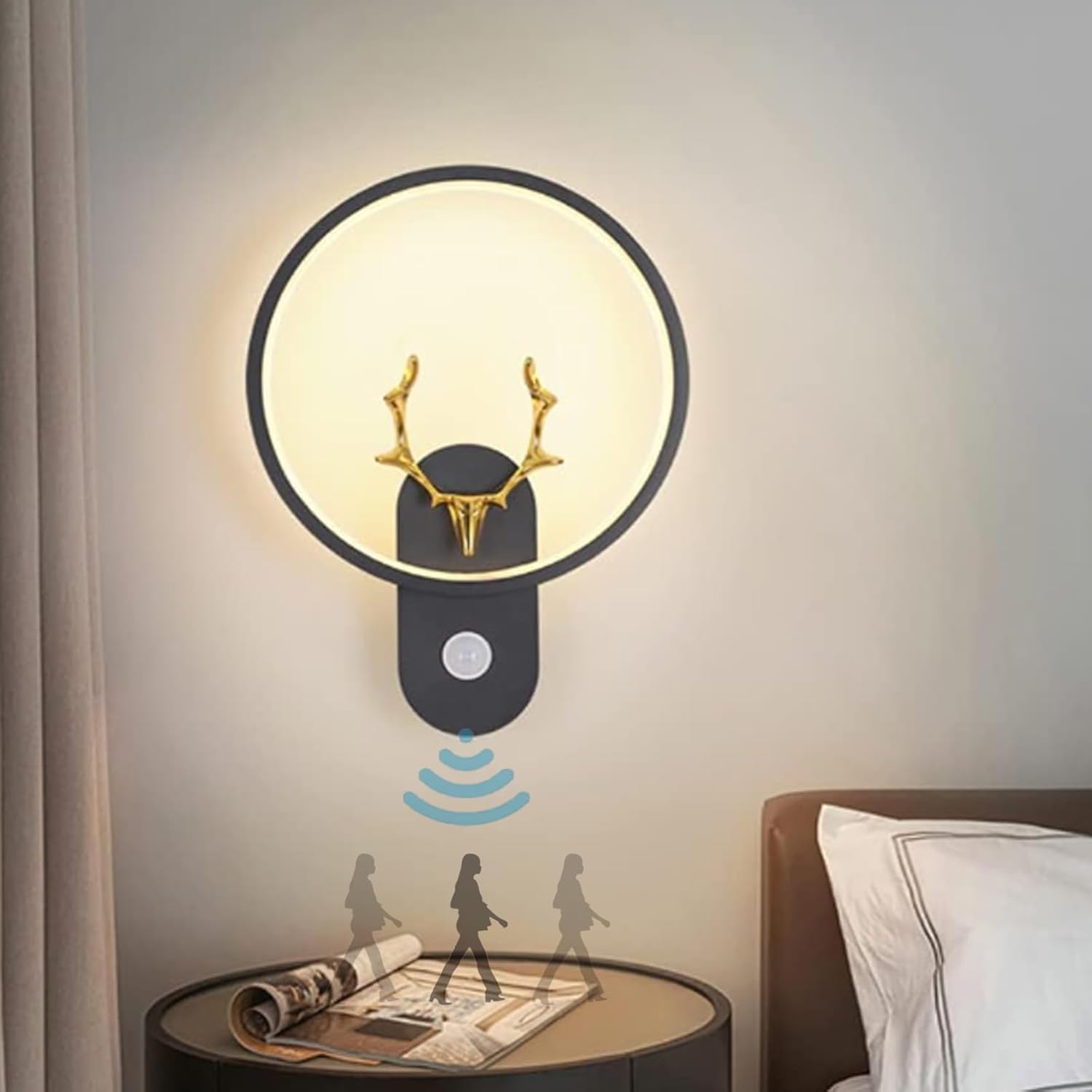 Kinkiet LED 18 W z imitacją drewna i czujnikiem ruchu, nowoczesny, prosty styl nordycki, okrągła lampka nocna, lampka nocna 3000 K, kreatywna lampka n