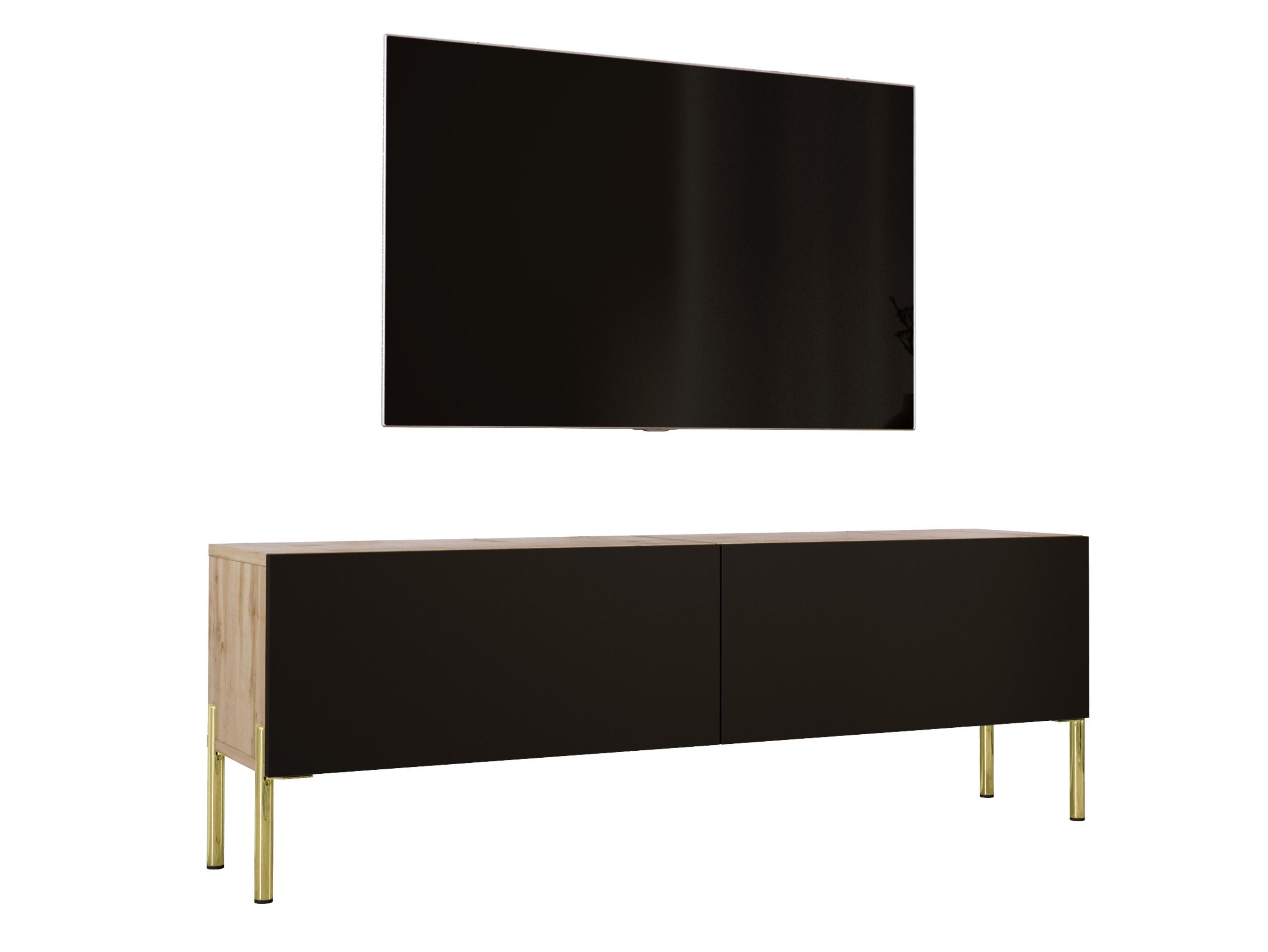 Szafka RTV: Dąb Wotan / Czarny Mat, nogi złote, 140 x 52 x 32 cm