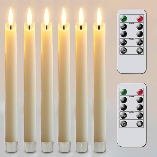 6-częściowe bezpłomieniowe migoczące świece LED, zasilane bateriami, z pilotem i timerem, Ø2 cm x 24,5 cm – kość słoniowa [klasa energetyczna A]