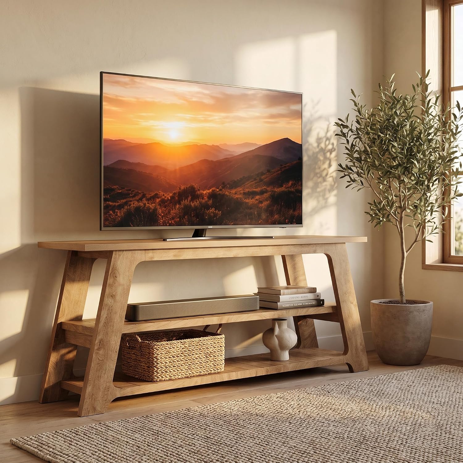 Tribesigns 160cm wiejska szafka TV, otwarta 3-poziomowa, stabilna A-rama, do TV 55-75 cali.