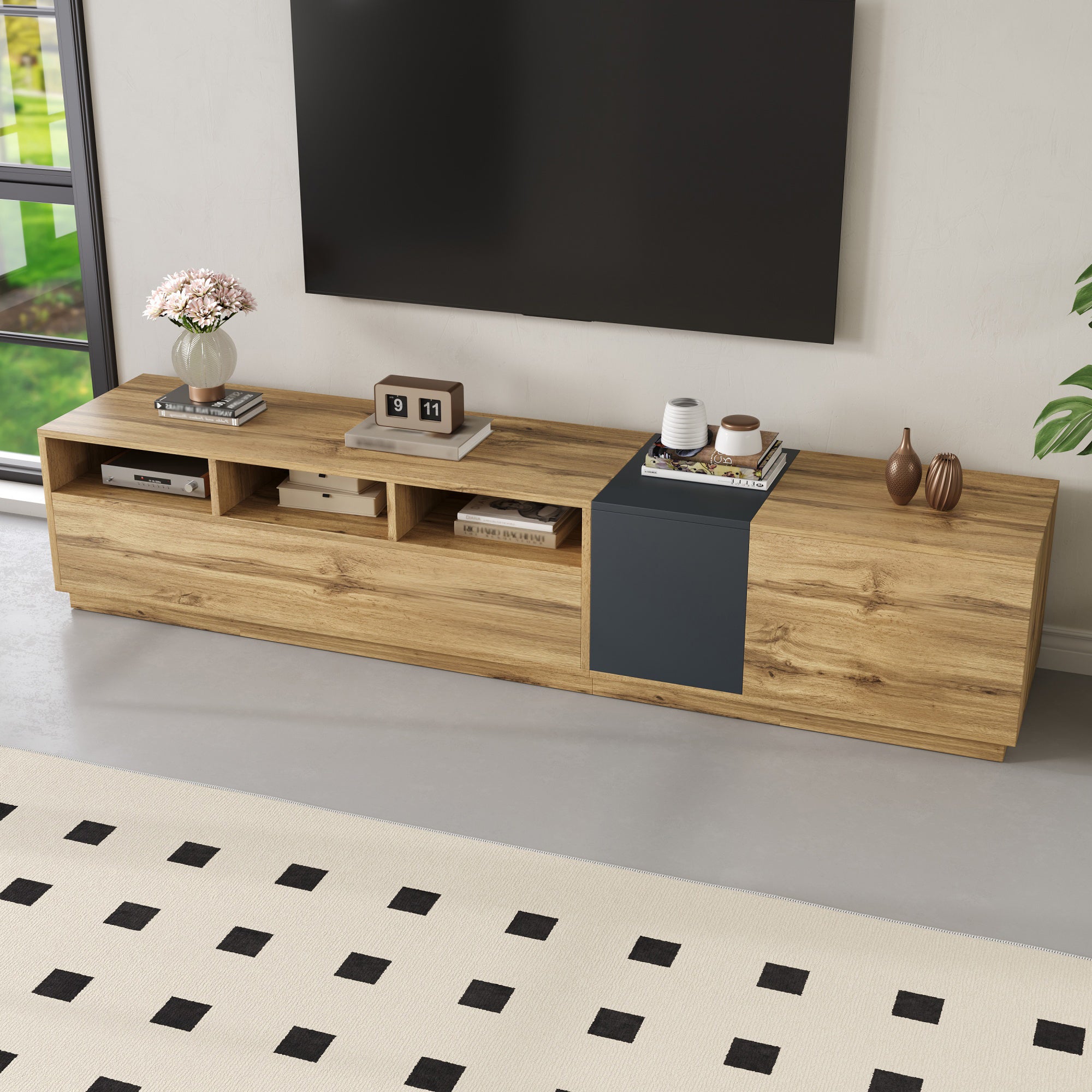 Szafka RTV z 3 drzwiami i 3 otwartymi przegrodami - 200 x 45 x 45 cm - Płyta wiórowa - Kolor naturalny i szary