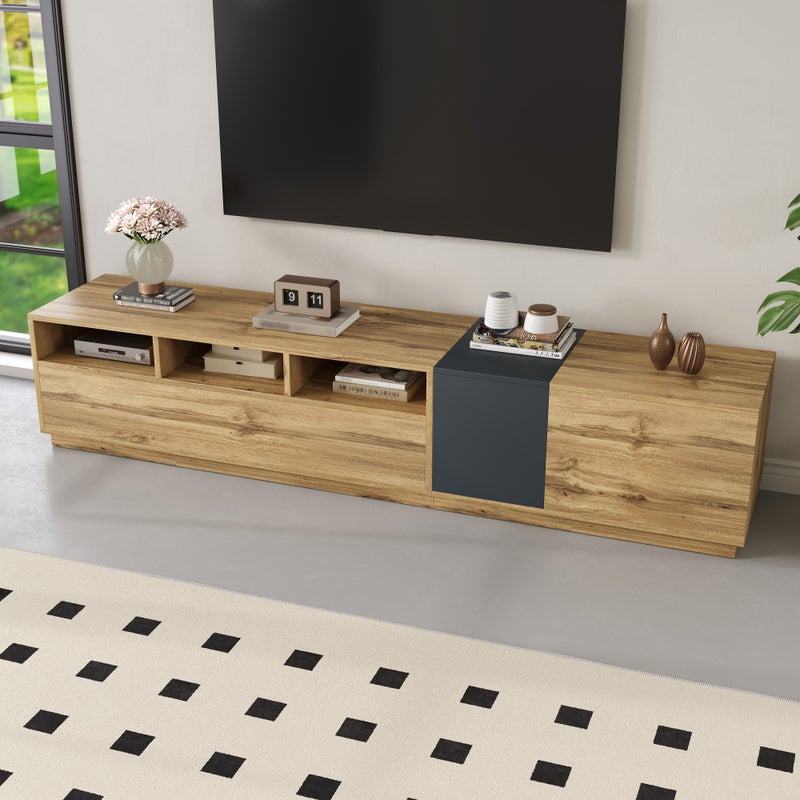 Szafka RTV z 3 drzwiami i 3 otwartymi przegrodami - 200 x 45 x 45 cm - Płyta wiórowa - Kolor naturalny i szary