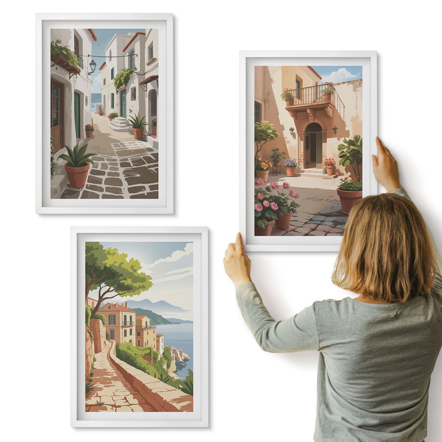 Galeria ścienna 3-częściowy komplet obrazów w białych ramach - Malownicze uliczki z domami i roślinami w donicach - ArtPrintCave