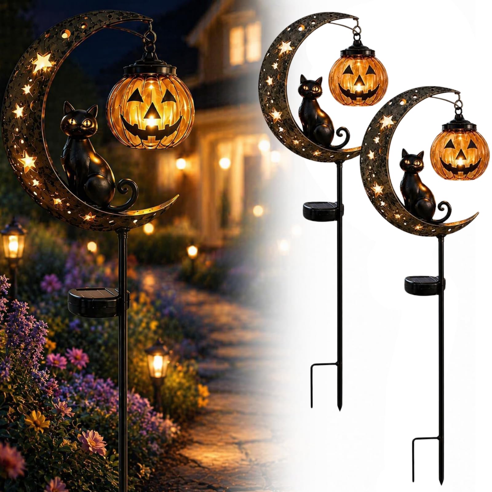 Lampy ogrodowe solarne 2 sztuki Halloween dekoracja odporne na warunki atmosferyczne metalowe zewnętrzne do ścieżek patio (ciepła świecąca)