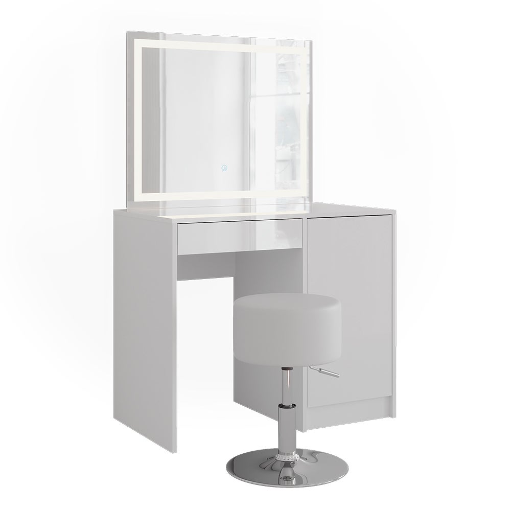 Vicco Stół do toalety Sherry, Biały/Biały wysoki połysk, 89.8 cm z lustrem LED i stołkiem