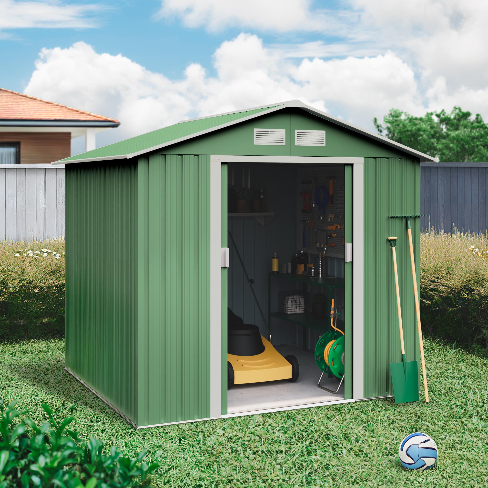 Domek narzędziowy metalowy Light Green 5,27 m², podwójne drzwi przesuwne, otwory wentylacyjne, do przechowywania narzędzi w ogrodzie