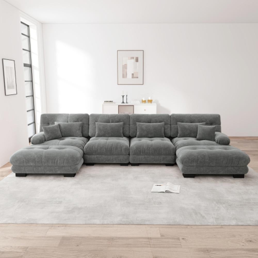 Narożna sofa Cloud do salonu, podwójna sofa z tkaniny szenilowej z 4 poduszkami lędźwiowymi i 4 poduszkami dekoracyjnymi, rama z litego drewna