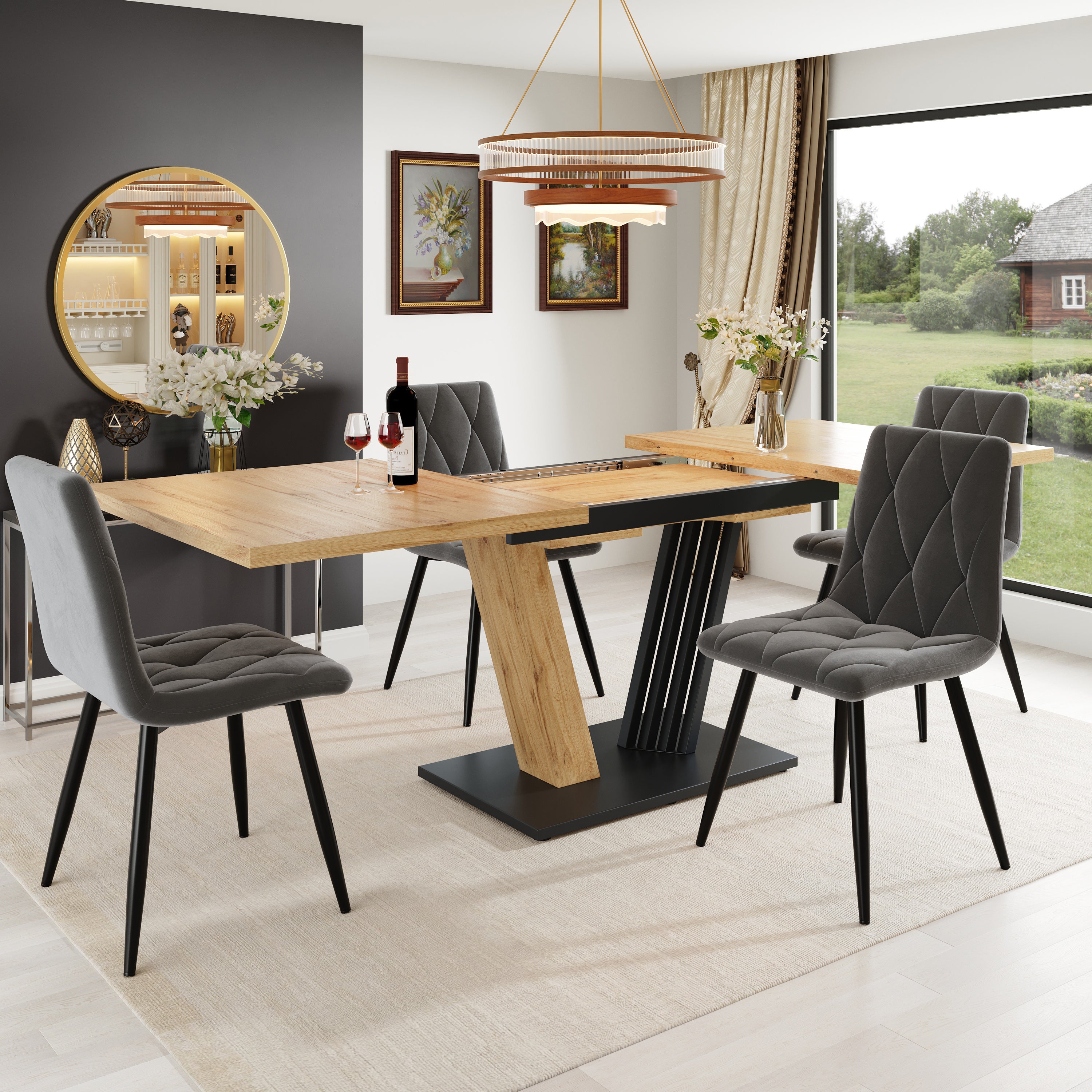 Rozkładany stół jadalny dla 4-6 osób - 120/160 x 80 x 76 cm - Płyta MDF + nogi w kształcie skrzydeł - Kolor drewna