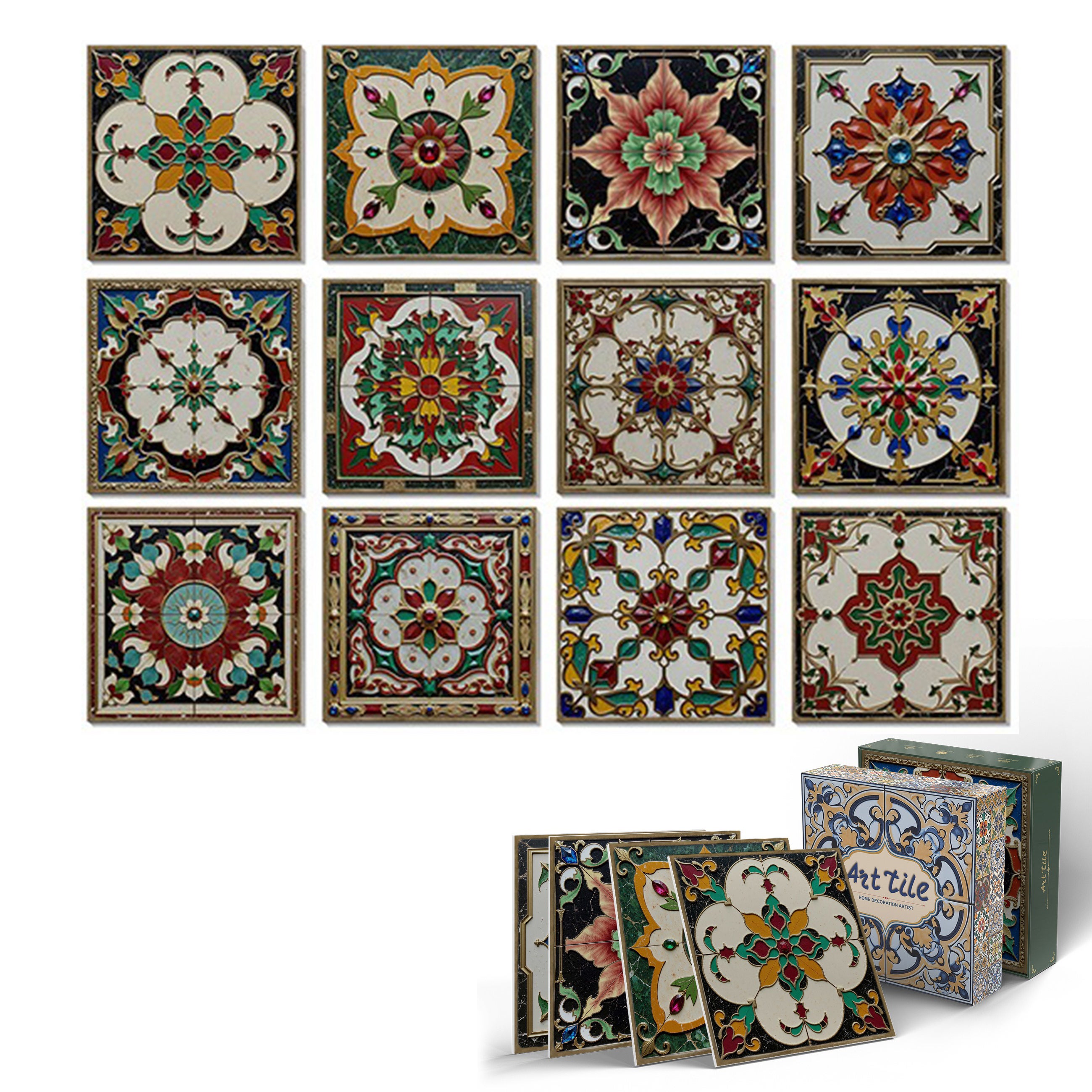 12 sztuk naklejek na płytki ścienne 15×15cm – Styl retro Śródziemnomorski & barokowy, wodoodporne naklejki z słońcem i księżycem(I)