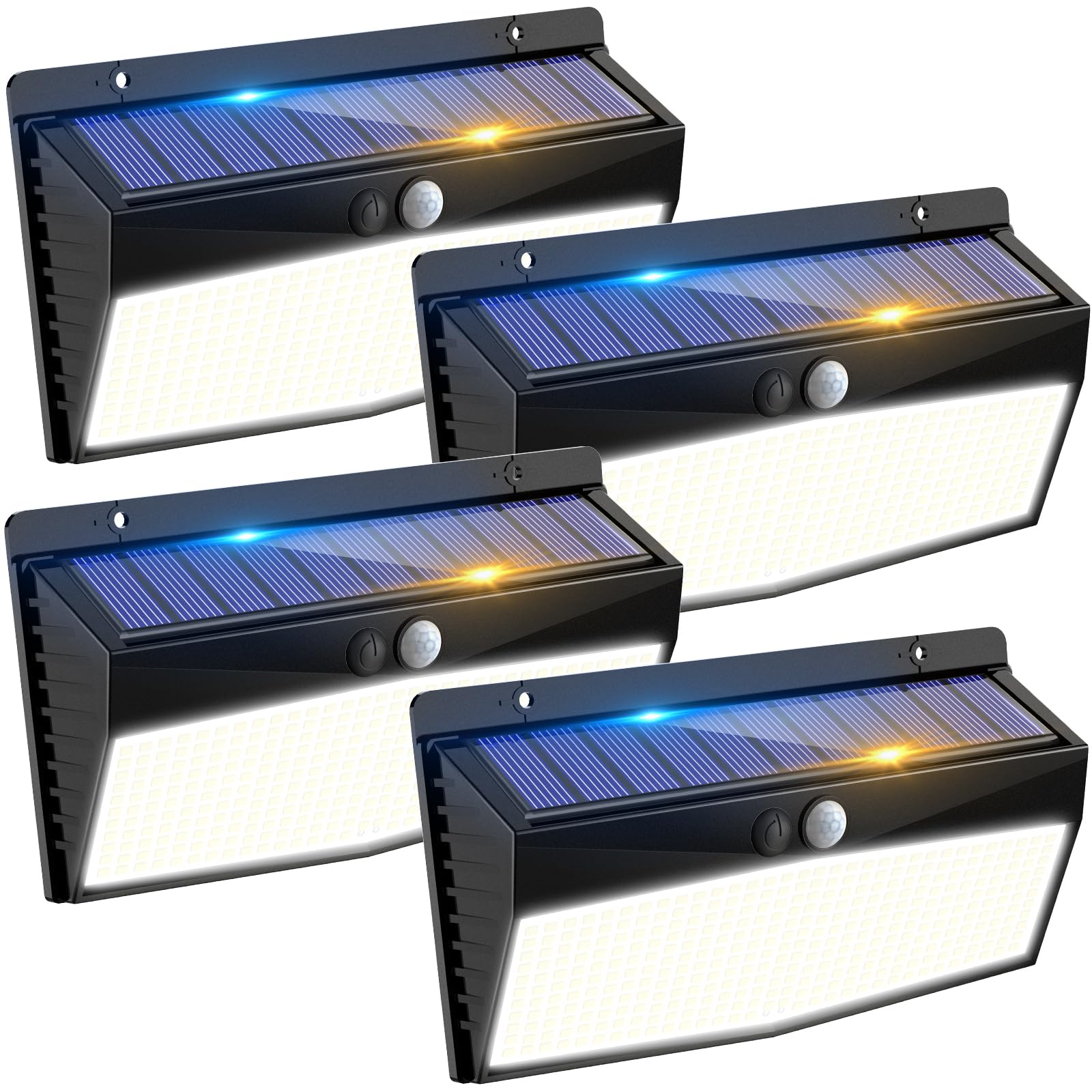 Zestaw 4 wodoodpornych solarnych lamp ściennych 368 LED z czujnikiem ruchu, 3 tryby oświetlenia, odpowiednie do parkingów, światło białe.
