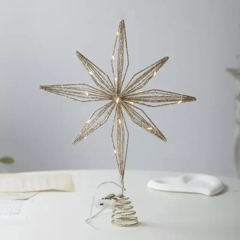 Świąteczna dekoracja choinki LED z płatkami śniegu, ciepłe światło, 8 kątów, kolor szampański, 25 * 33 cm + 20 lampek