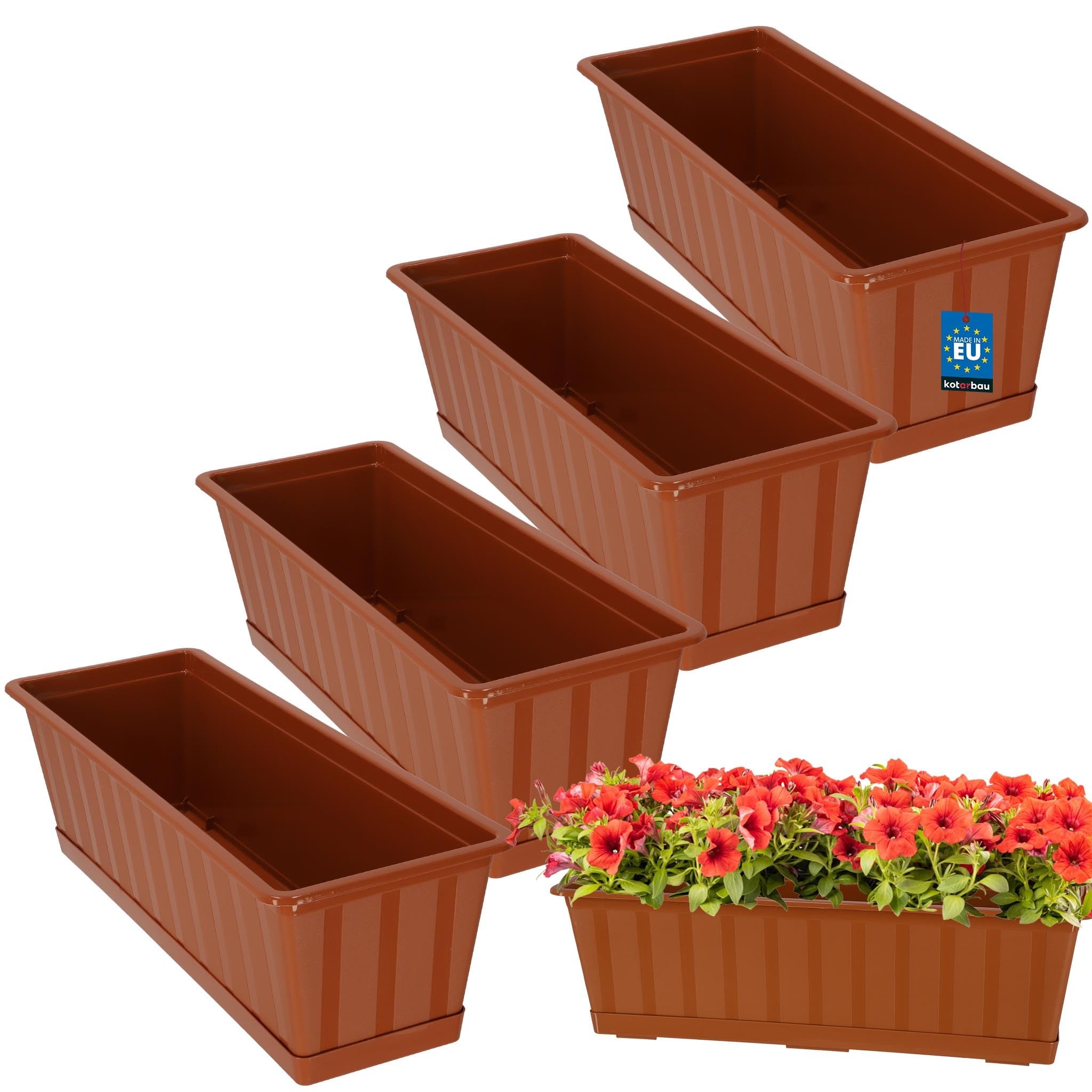 4 szt. Doniczka - Skrzynka Balkonowa - 50 x 18 x 14 cm - Skrzynia na Balustradę Balkon - Donica z Podstawką - Terakota KOTARBAU