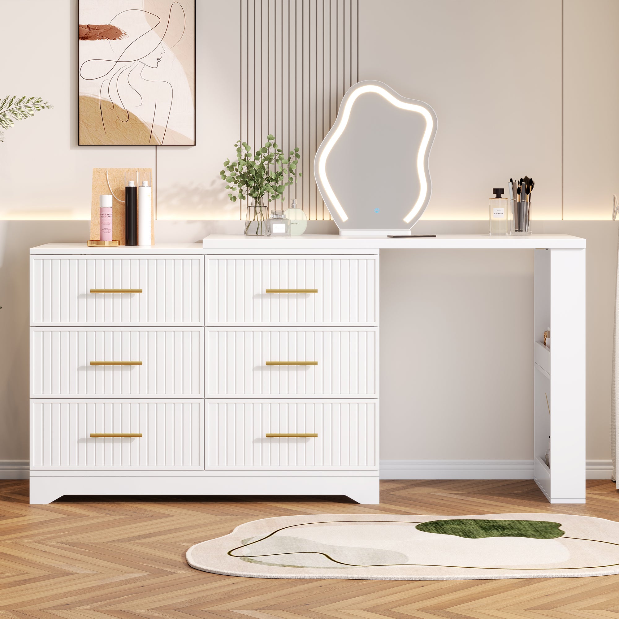 Obrotowa toaletka z lustrem 110x40x129cm - z regulowanym LED - z 6 szufladami - otwarte schowki - Biały
