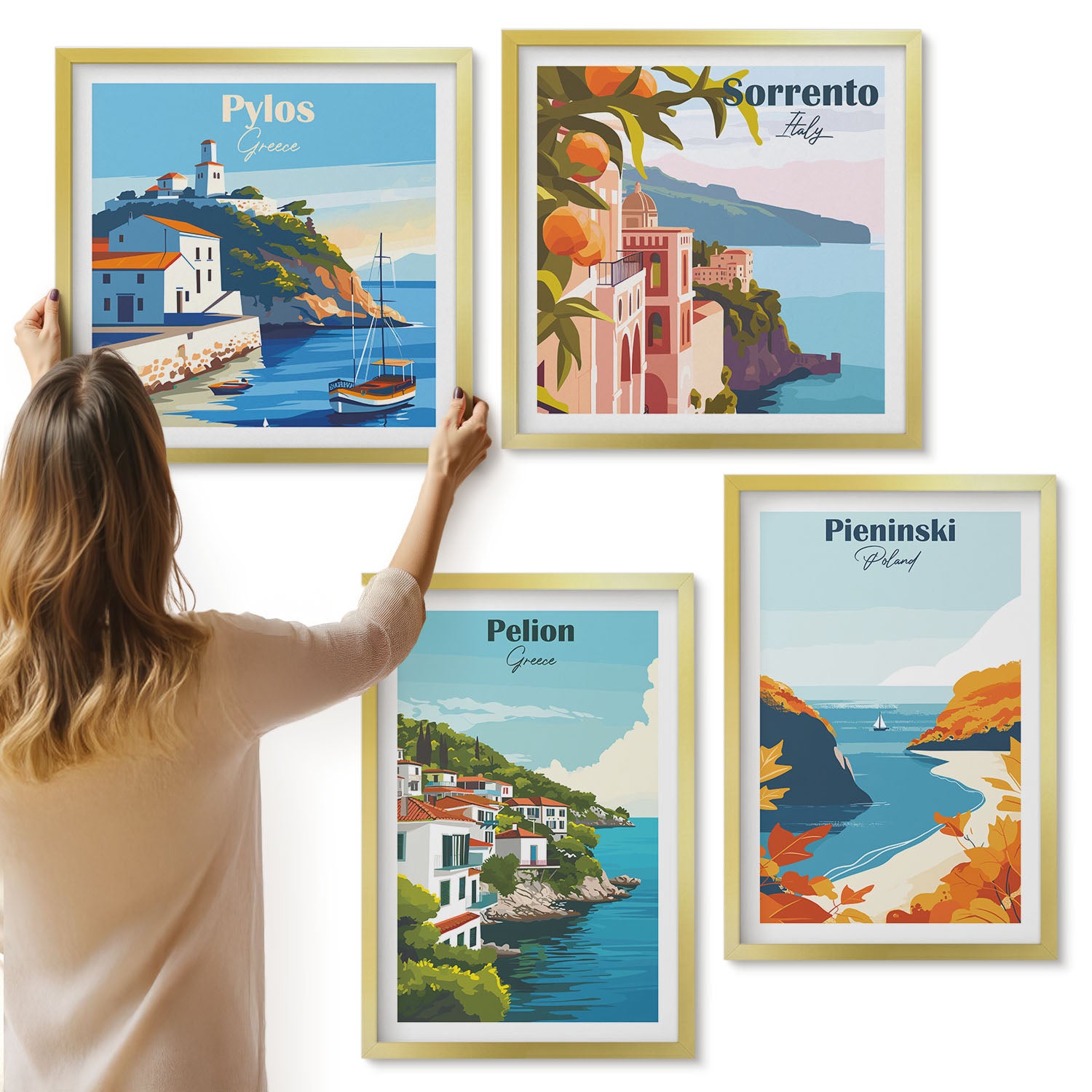 Galeria ścienna 4-częściowy komplet obrazów w złotych ramach - Malownicze krajobrazy w retro stylu - ArtPrintCave