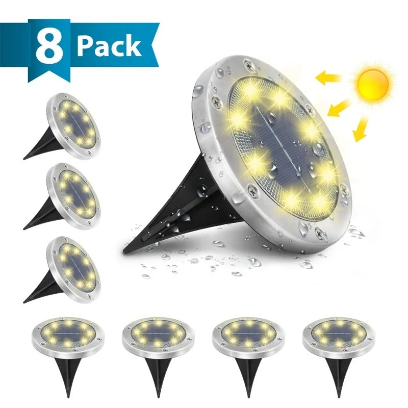 8 sztuk Lamp solarnych z 8 diodami LED do wbudowania w ziemię, dekoracyjne oświetlenie zewnętrzne, idealne do ogrodu lub na podłogę, 3000K