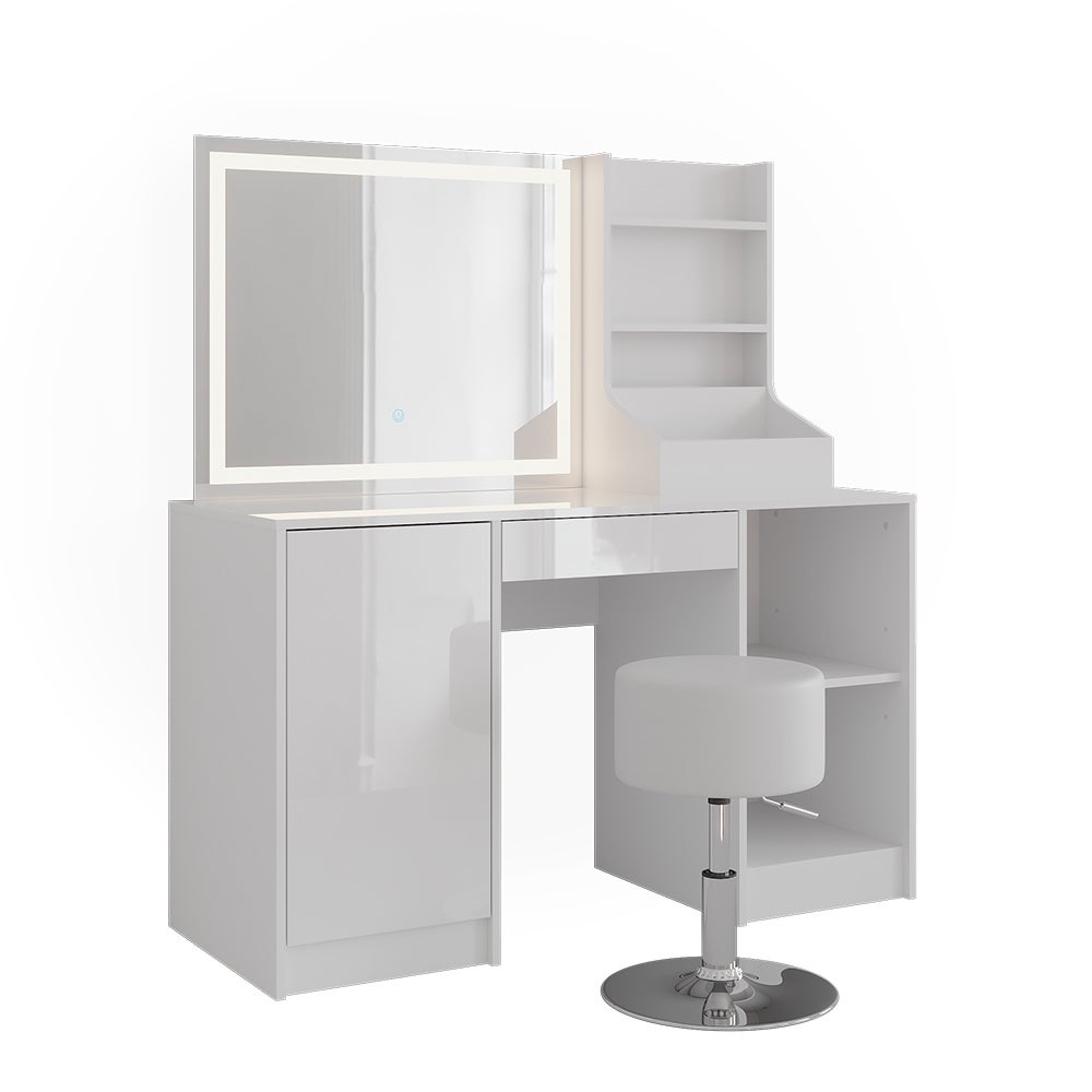 Vicco Stół do toalety Sherry, Biały/Biały wysoki połysk, 128.2 cm z lustrem LED i stołkiem