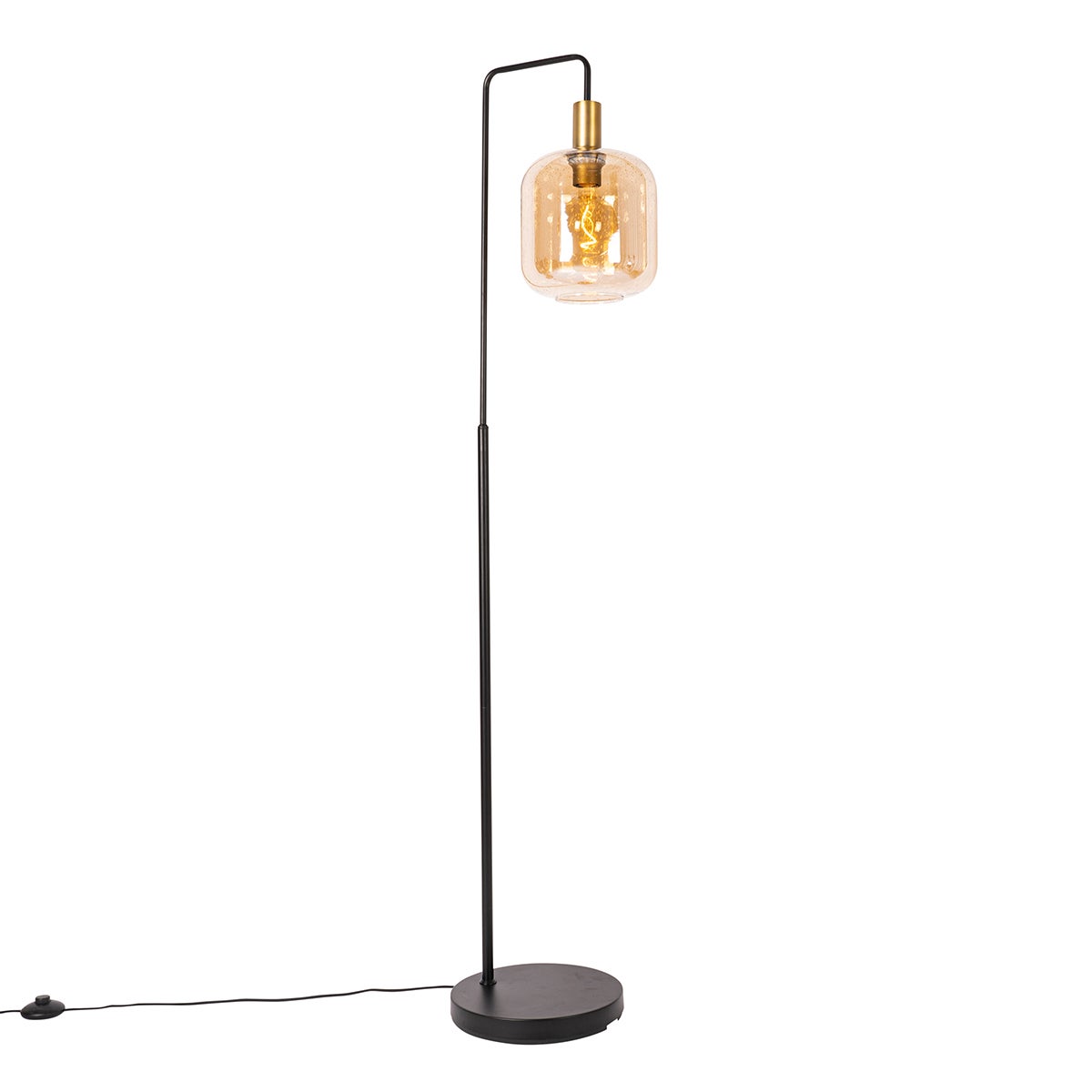 Designerska lampa podłogowa czarna z mosiądzem i bursztynowym szkłem - Zuzanna