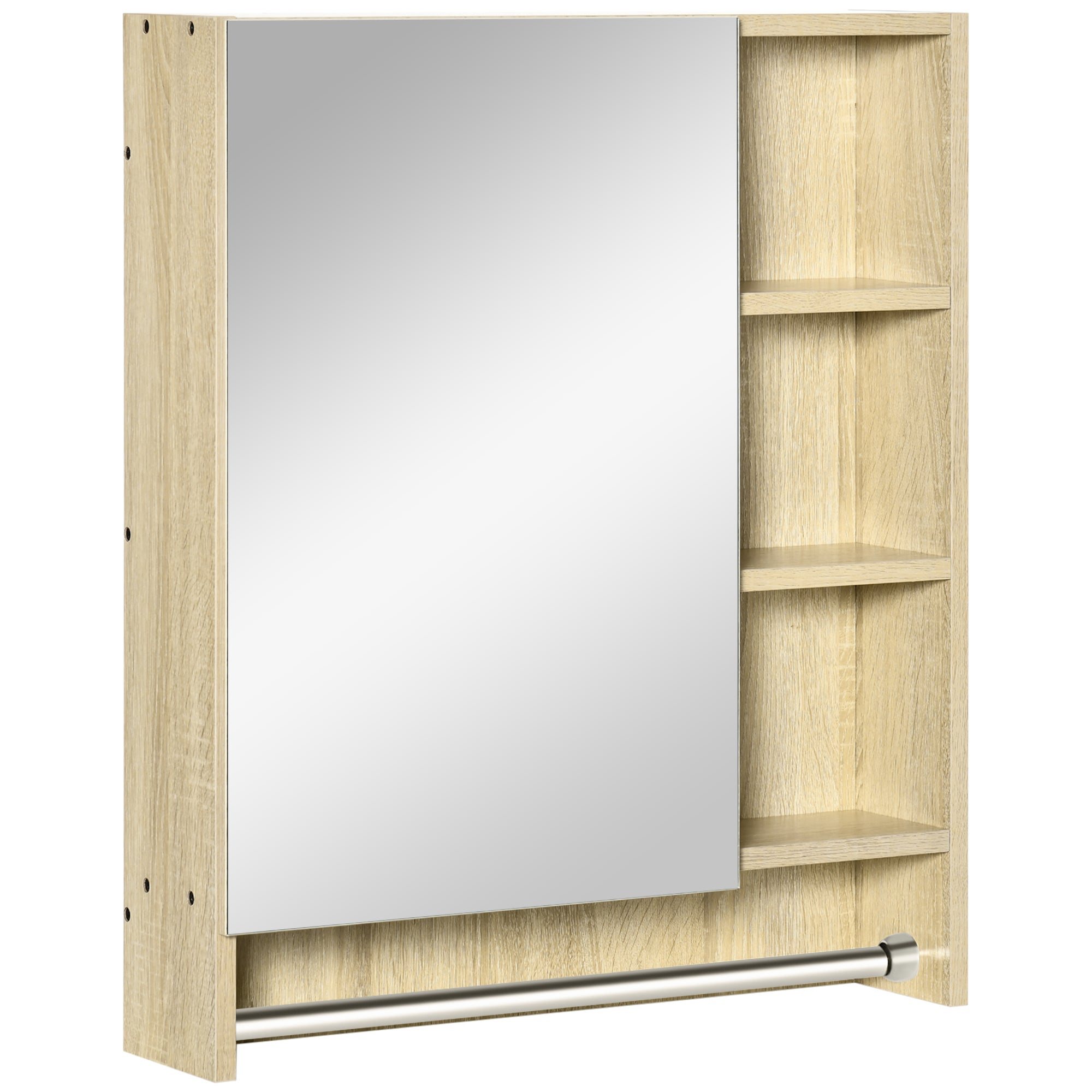 Szafka łazienkowa wisząca z lustrem, regulowanymi półkami i wieszakiem na ręczniki, kompaktowa konstrukcja do umywalki lub WC, 60x15x70 cm, dąb