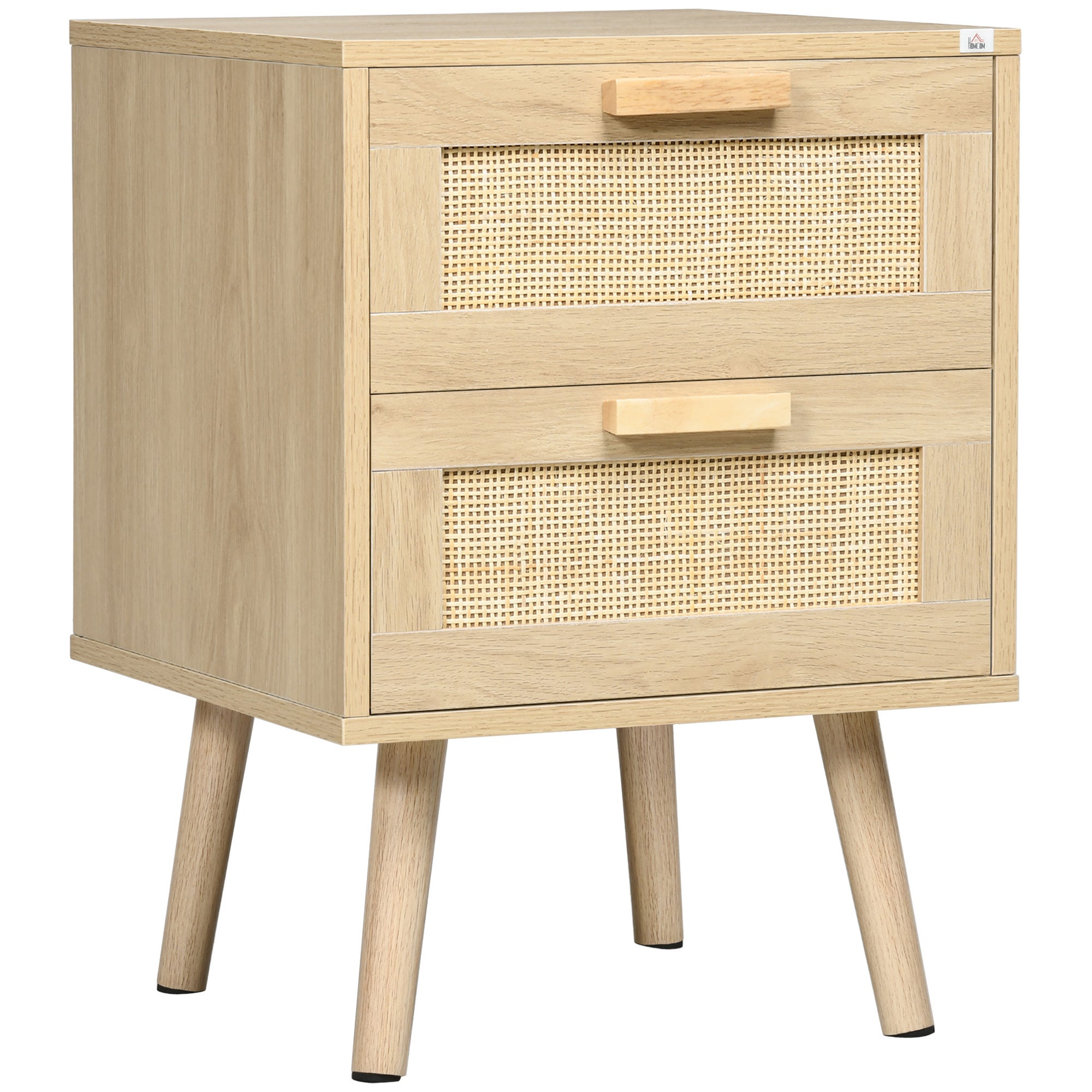 szafka nocna w Cannage Style, szafka nocna z 2 Szuflady i Drewniany Legs dla salon sypialnia, 40x40x56cm, Naturalny