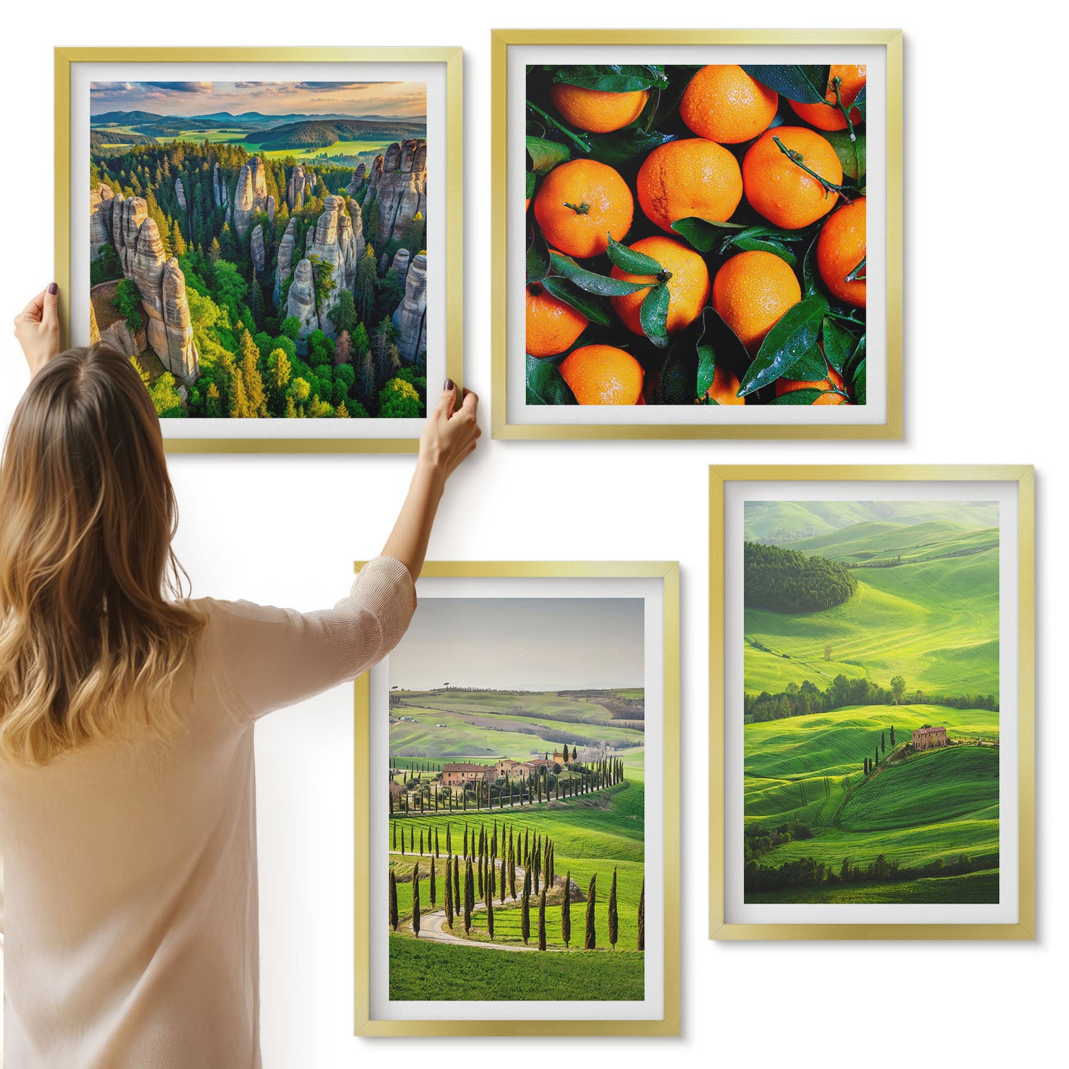 Galeria ścienna 4-częściowy komplet obrazów w złotych ramach - Krajobraz włoskiej wsi z pomarańczami i naturą - ArtPrintCave