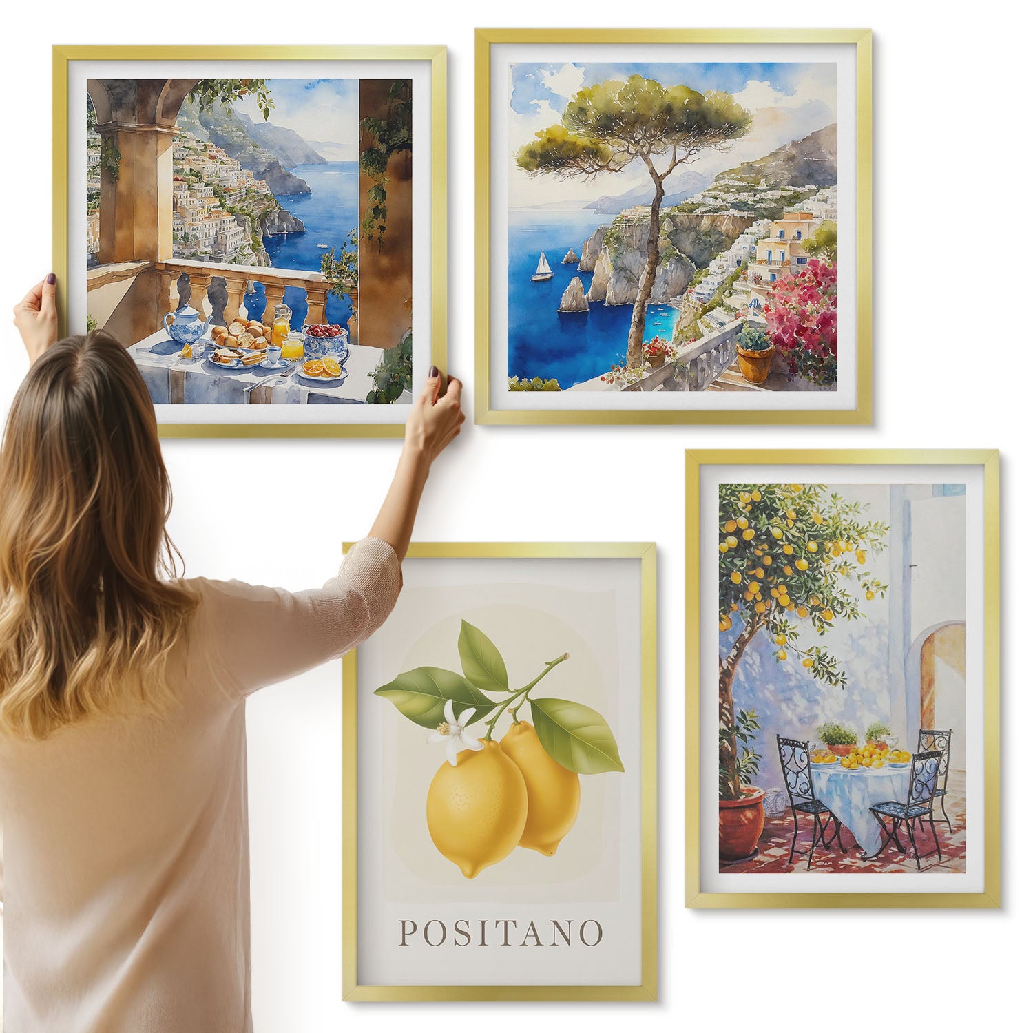 Galeria ścienna 4-częściowy komplet obrazów w złotych ramach - Widoki Positano z cytrynami architektura włoska - ArtPrintCave