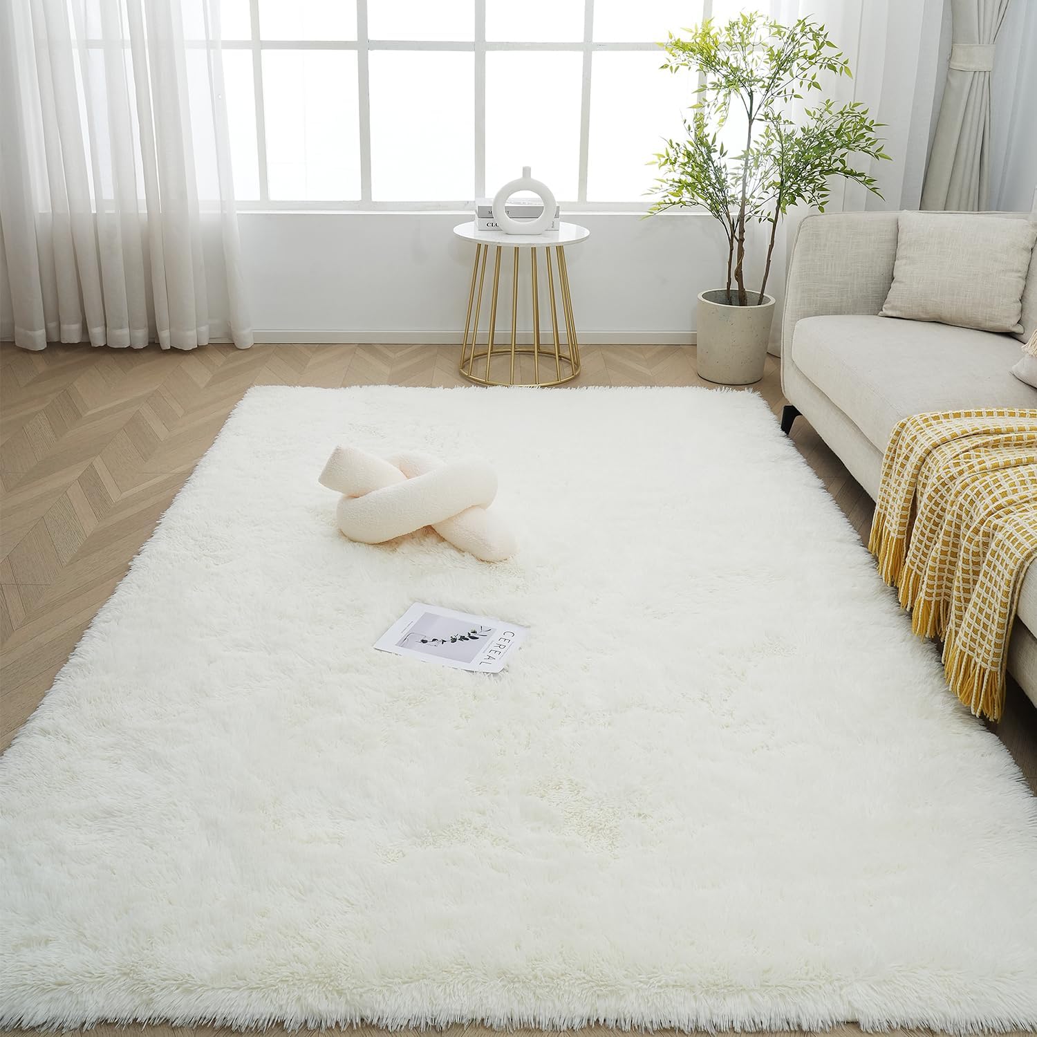 Biały dywan do salonu/sypialni 160 x 230 cm z długim włosiem, miękki dywan do sypialni, dywanik nocny, miękki dywan z długim włosiem do salonu, sypial