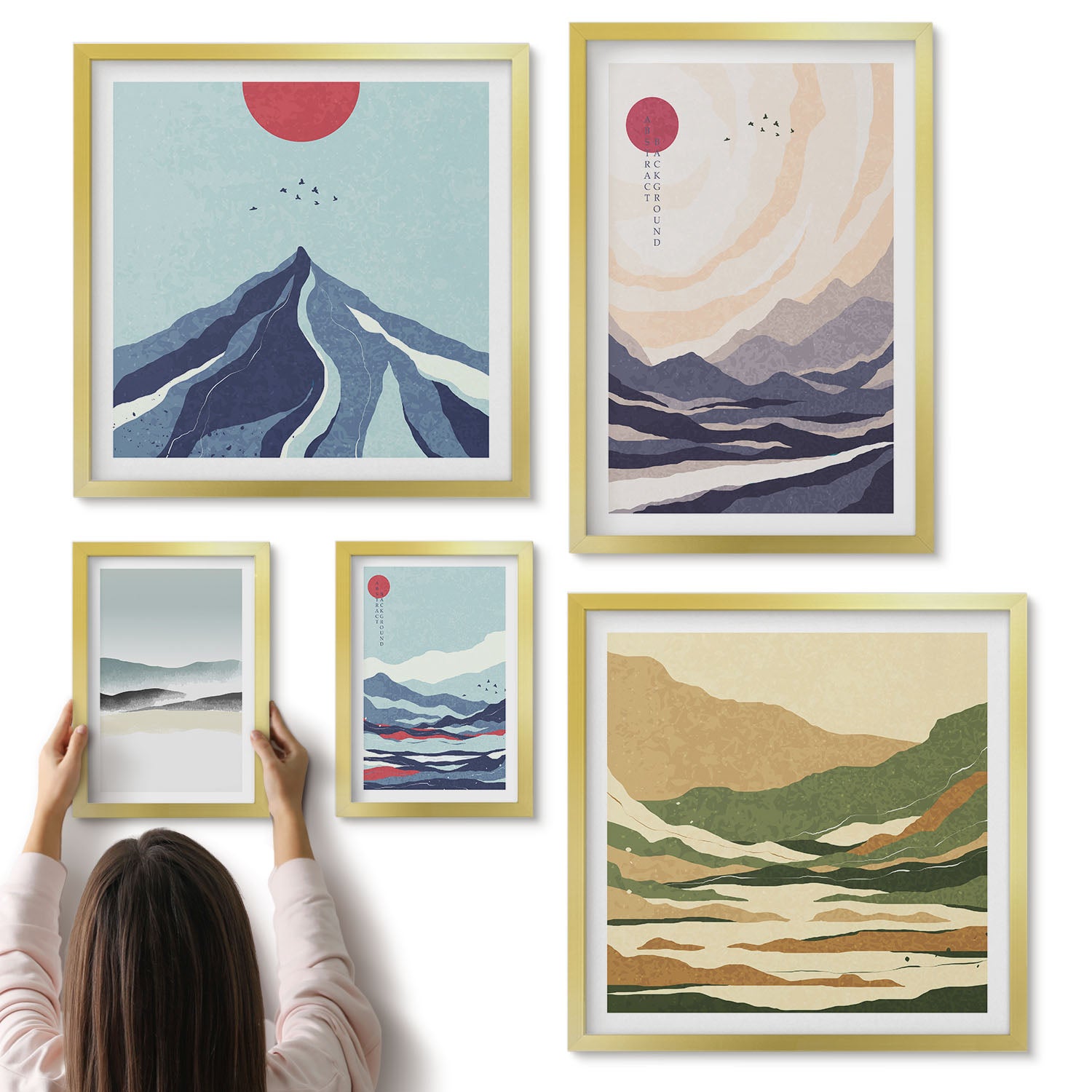 Galeria ścienna 5-częściowy komplet obrazów w złotych ramach - Abstrakcyjne pejzaże górskie z minimalistycznymi motywami - ArtPrintCave