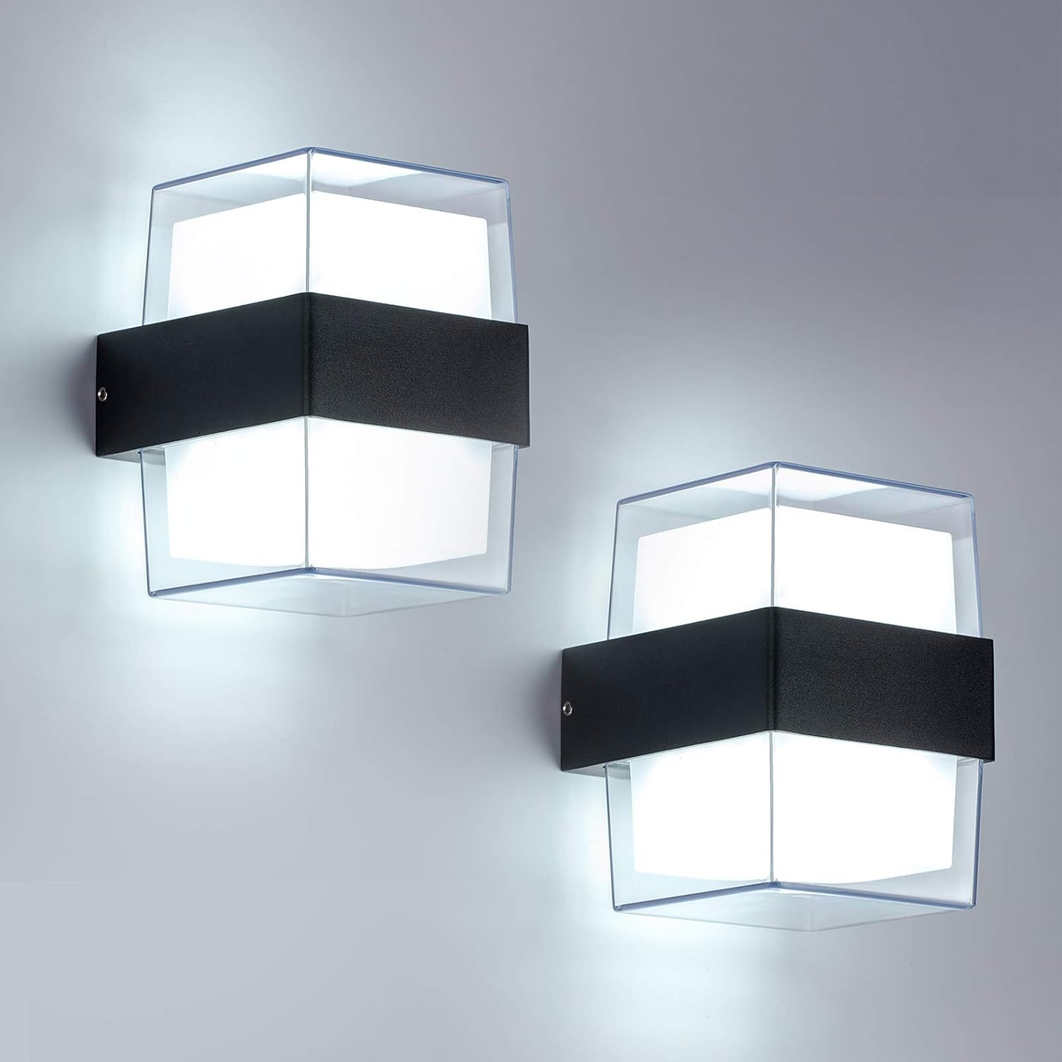 2 szt. 12W LED Kinkiet Zewnętrzny 6000K Biały Zimny Lampa ścienna IP65 Akryl 960LM. Rozmiar całkowity: 105 * 90 * 130mm