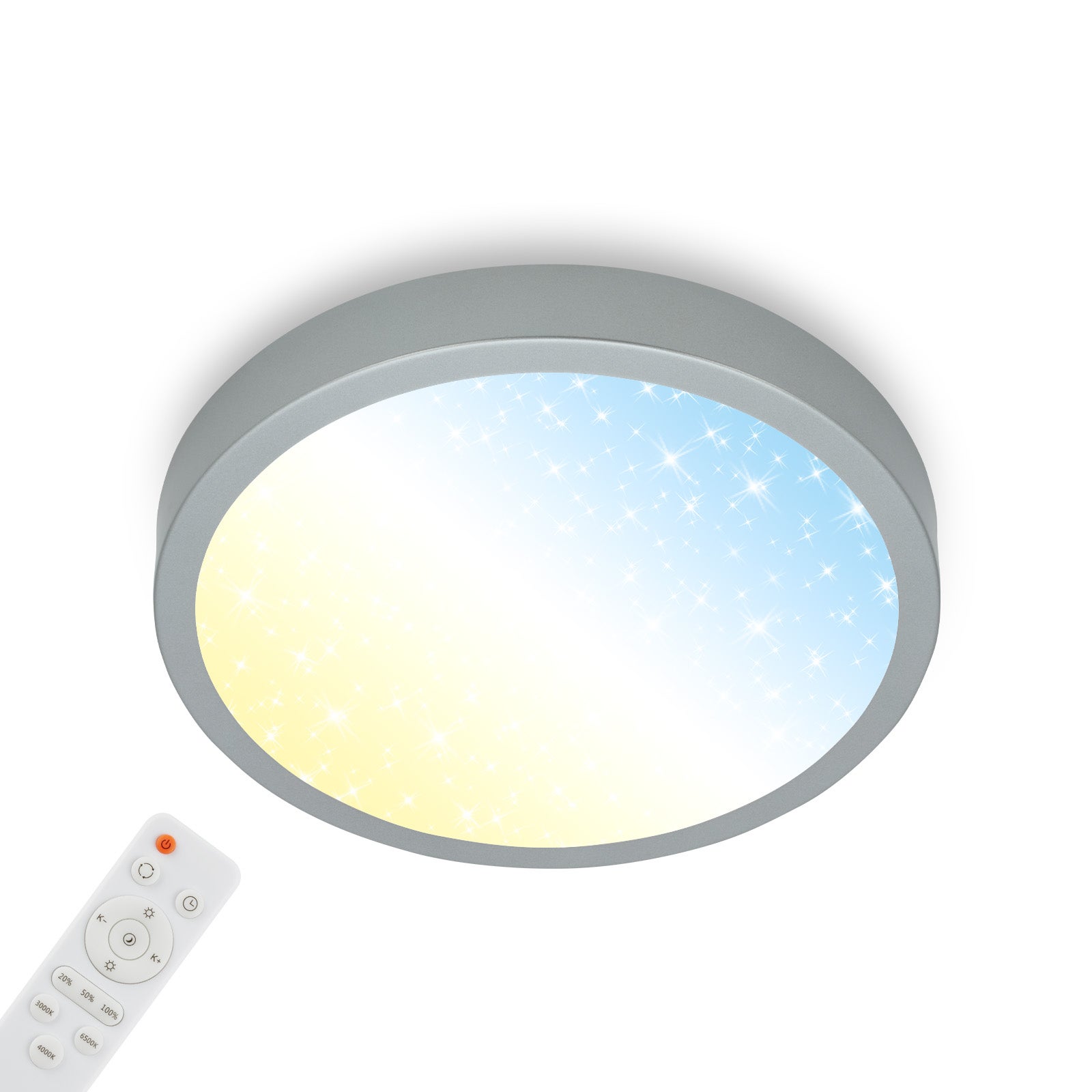 Lampa sufitowa Briloner Starry Sky, ściemnialna, regulowana temperatura barwowa, lampa ścienna, pilot, kolor srebrny, Ø38