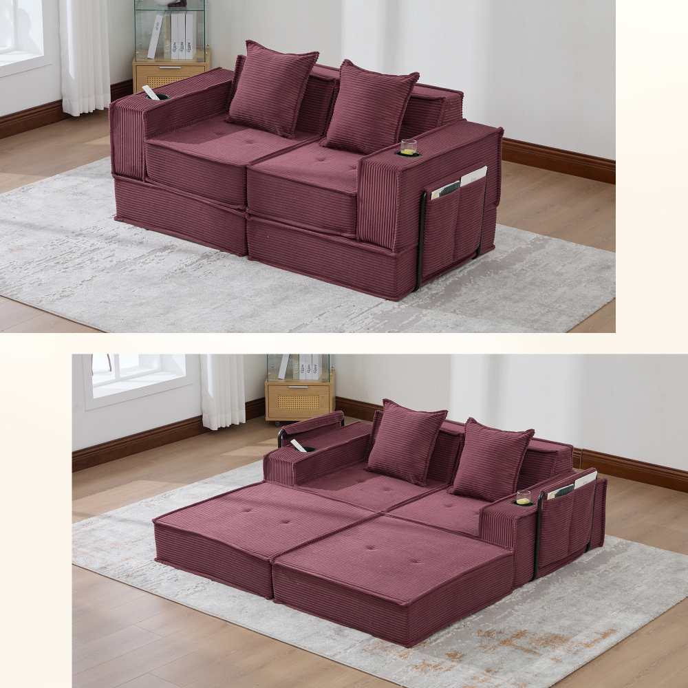 Nowoczesna sofa dwuosobowa z funkcją spania dla 2 osób, wygodne poduszki, ozdobny puf z bocznym schowkiem i uchwytami na kubki