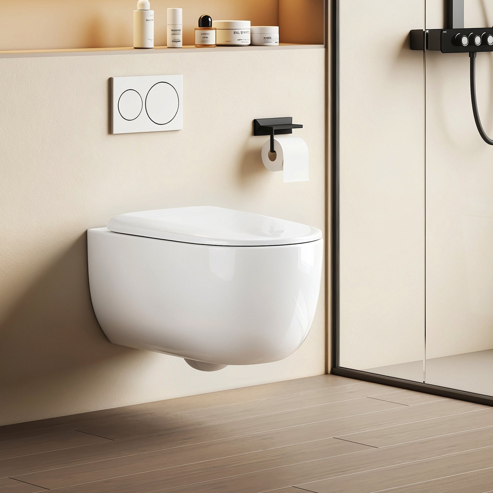 EMKE Miska WC Wisząca Komfort 55,5 x 36,5 cm – Rozstaw 180mm, Deska Soft-Close Wypinana, Biały Połysk