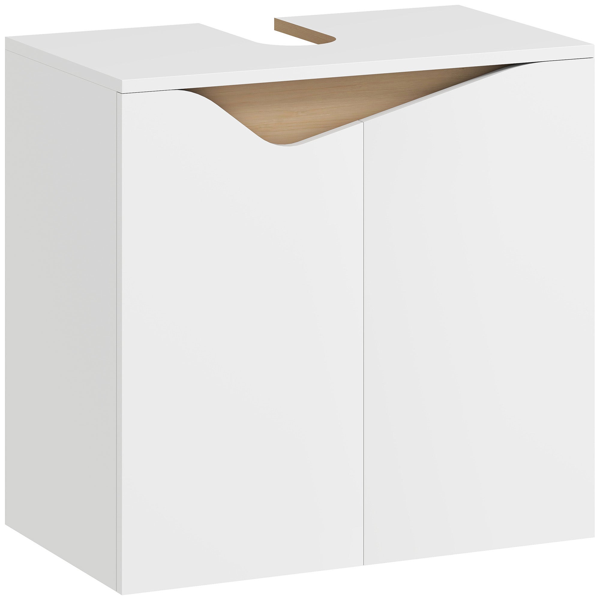 Szafka pod umywalkę, szafka łazienkowa z 2 drzwiami z cichym domykiem, 60 x 35 x 57,9 cm, kolor biały i naturalne drewno