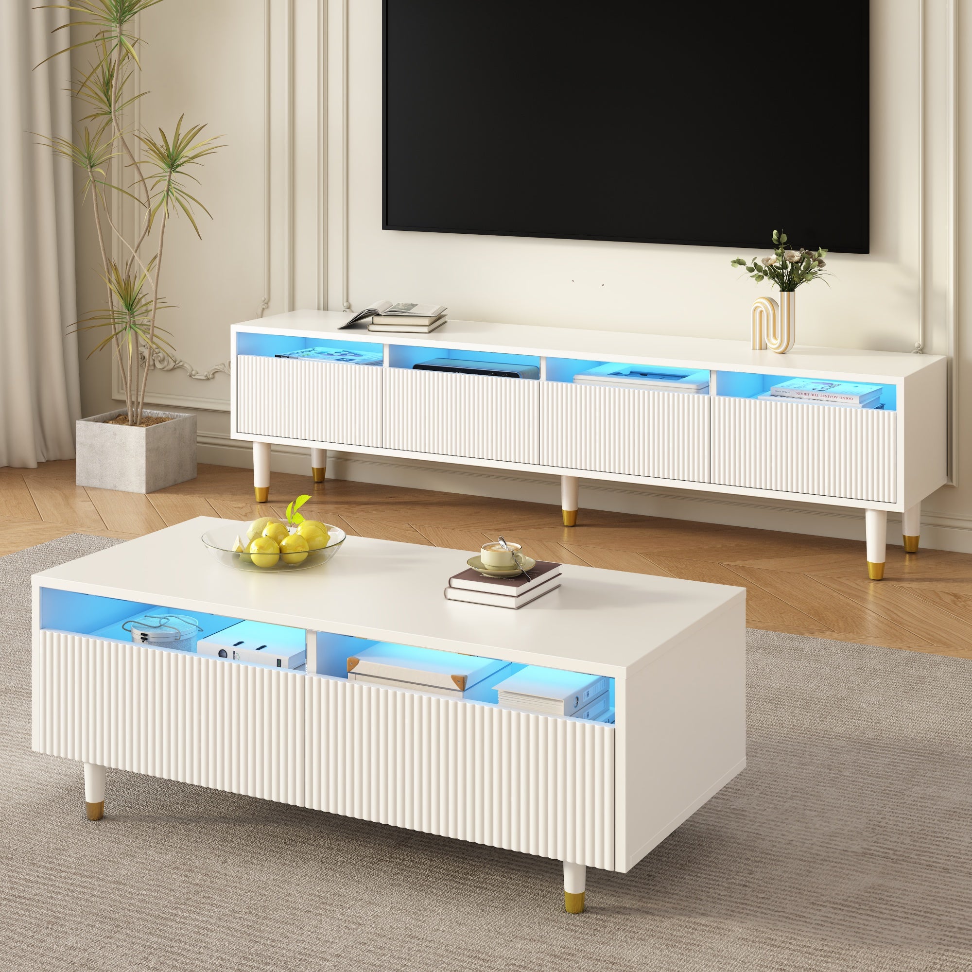 Zestaw stolika kawowego i szafki RTV - 178 x 35 x 45 cm - MDF i akryl - Diody LED - Do salonu - Biały