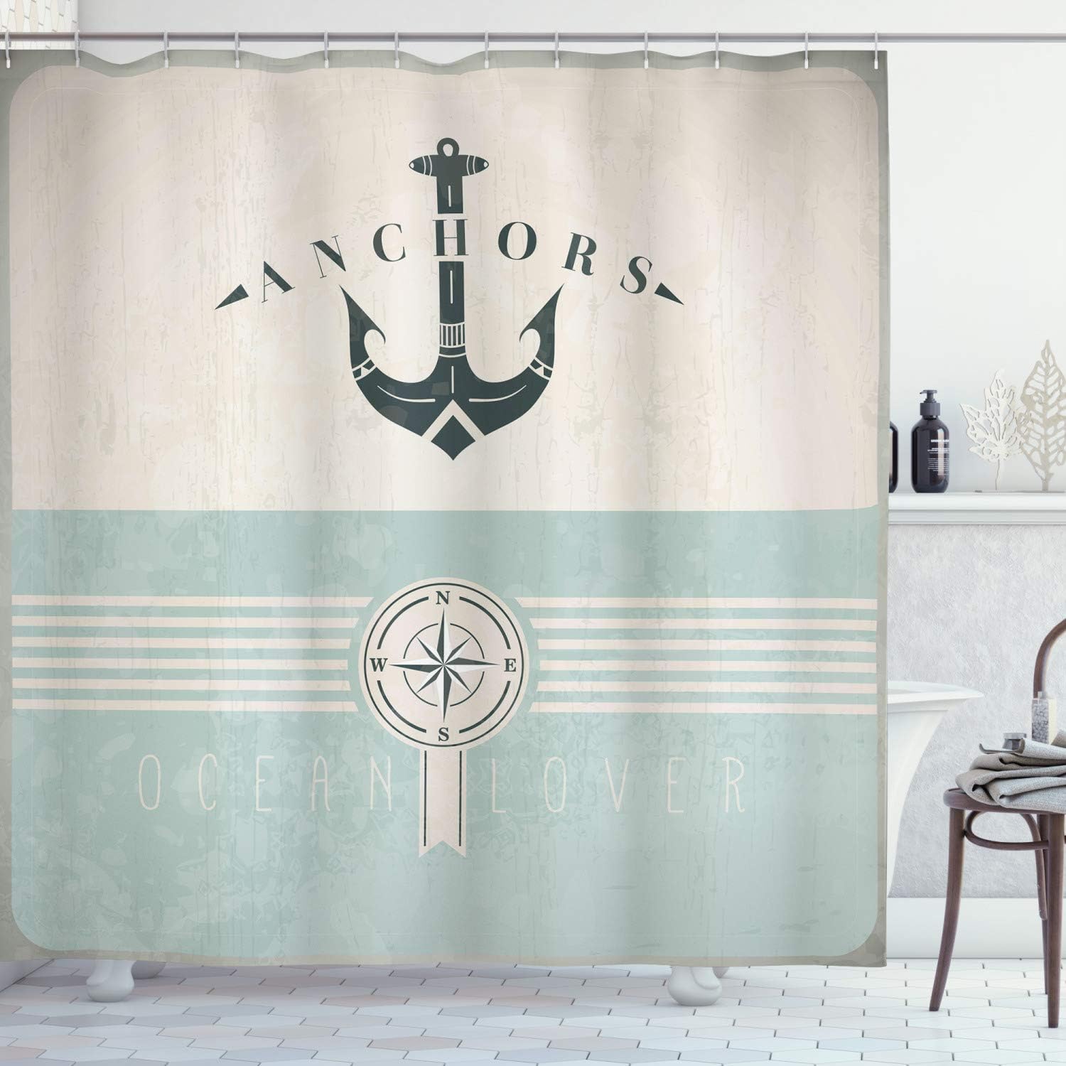 Zasłona prysznicowa w stylu marynistycznym, Vintage Marine Anchor, zestaw dekoracyjny do łazienki z tkaniny z haczykami, 180 cm x 200 cm
