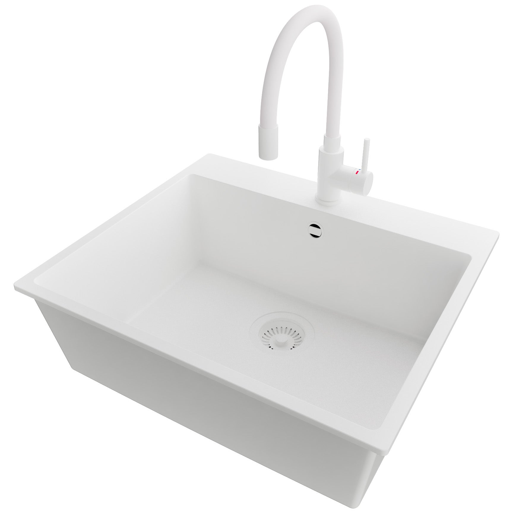 Zlewozmywak Granitowy Cały Biały 58x50cm, Zlew Kuchenny 1 Komorowy + Bateria 38x14cm + Syfon, Nablatowy do szafki od 60cm - Ryga PRIMAGRAN