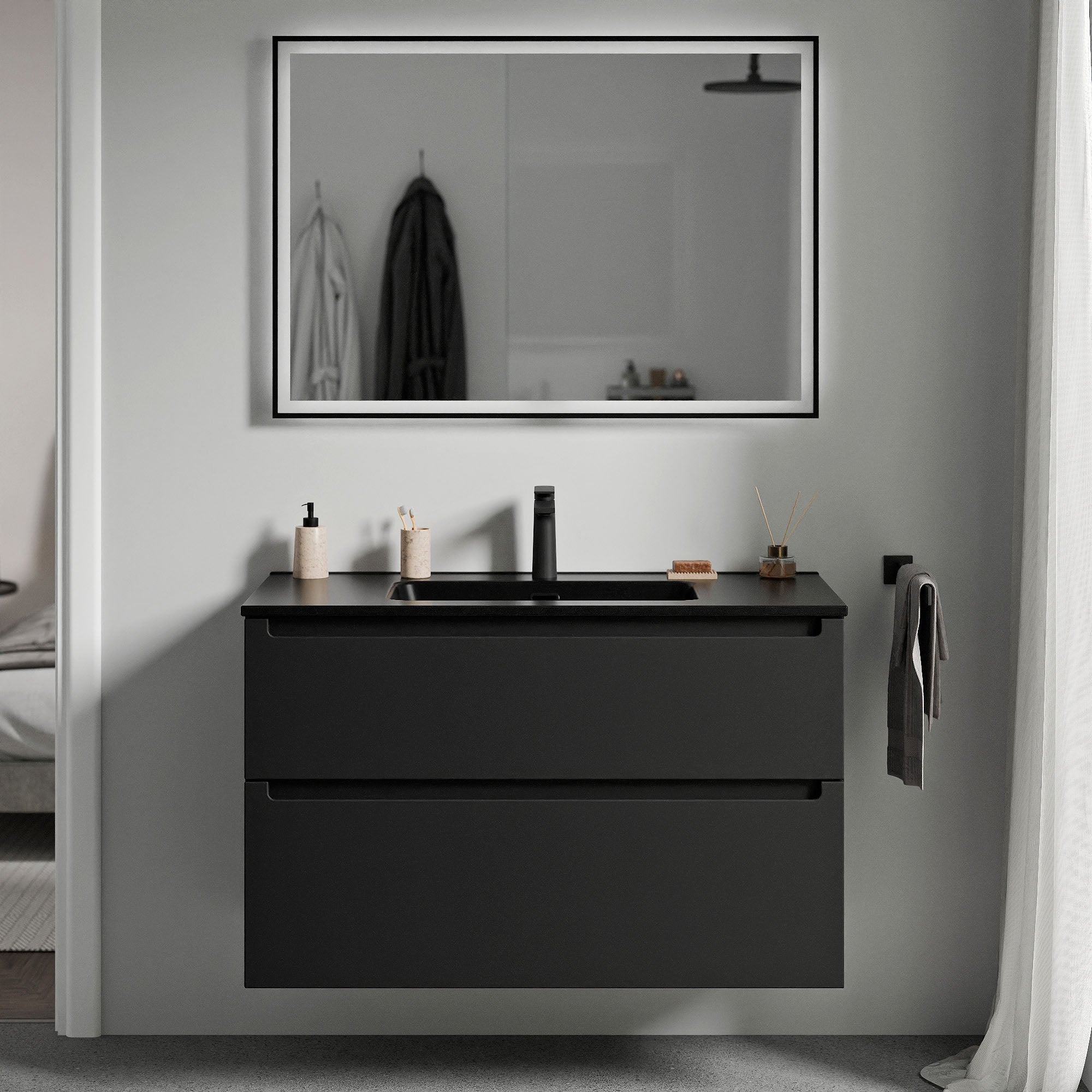 BERNSTEIN - Szafka pod umywalkę wiszącą MDF matowa czarna 100x46x62 cm, czarne umywalki + odpływ i otwór na baterię - VIREO 100
