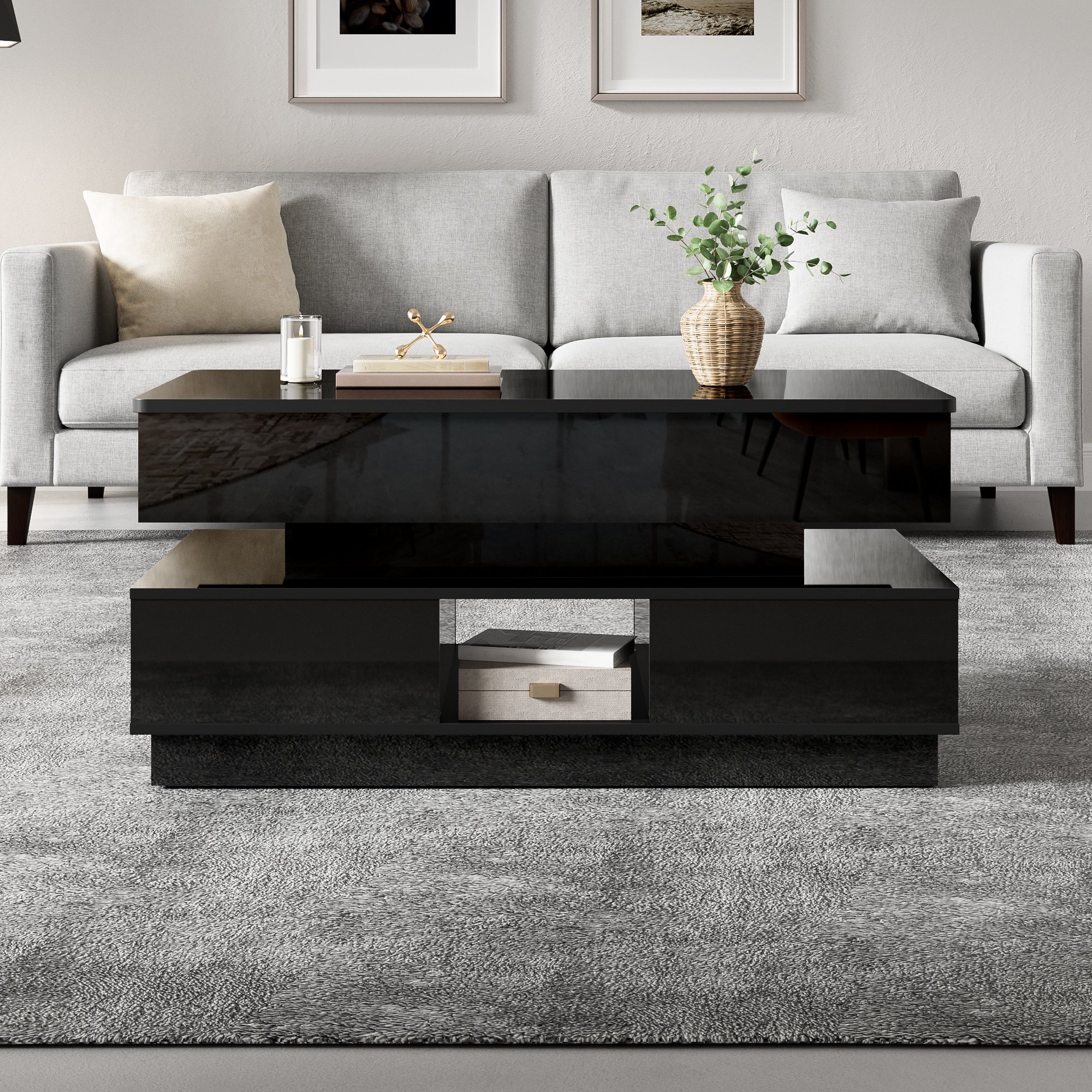 Stolik kawowy błyszczący 90x48x42,5 cm - Regulowany blat - 2 szuflady - Oświetlenie LED - Płyta MDF - Czarny