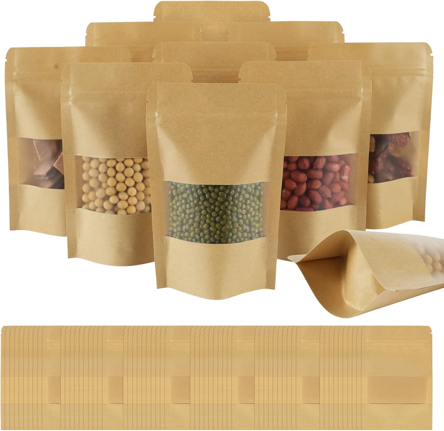 Opakowanie 100 pionowych toreb papierowych typu kraft z okienkiem, 10 x 15 cm, zamykane na suwak z nacięciem do otwierania, torby papierowe