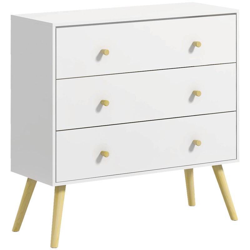 Komoda z 3 szufladami, Komoda sypialniana z nogami z drewna sosnowego do salonu, biura, sypialni, 80x30x80 cm, biała