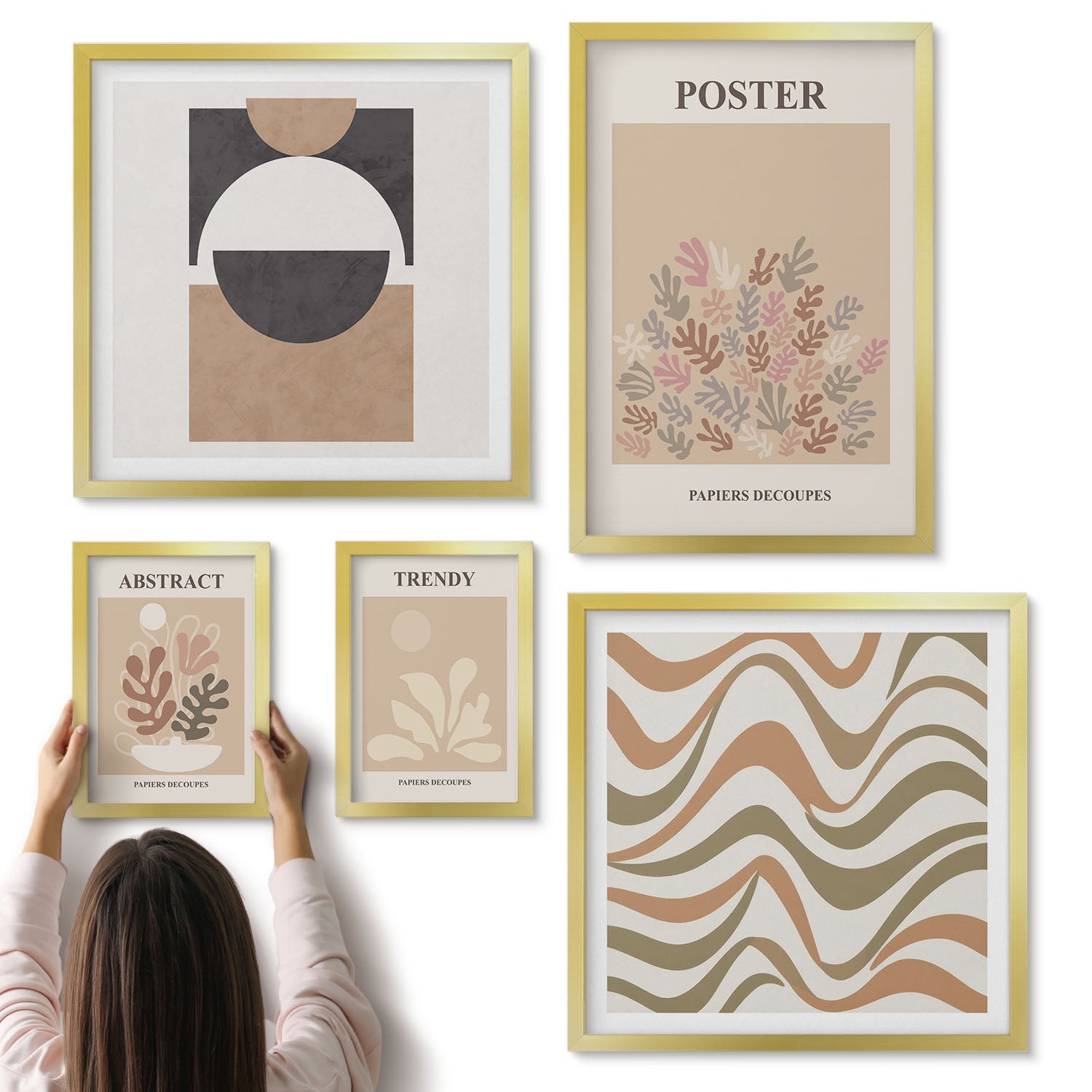 Galeria ścienna 5-częściowy komplet obrazów w złotych ramach - Stylowe abstrakcje roślinne w odcieniach ziemi - ArtPrintCave